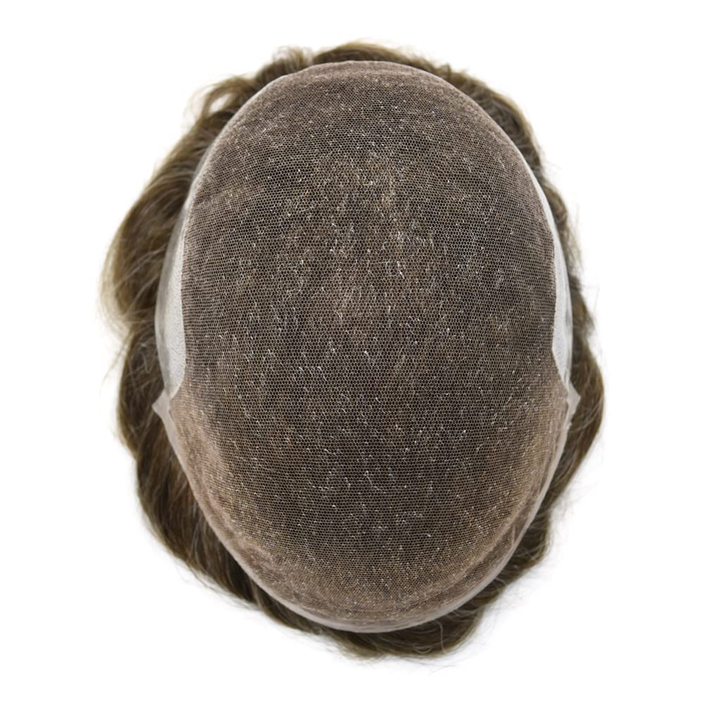 Natural Human Hair Toupee for Men - Swiss Lace Base Hair Replacement System with PU Bleached Knots | 8x10 Inch Light Medium Density (540# Medium Light Brown with 40% Gray) | Perfect for Daily Wear, Special Occasions & Hair Loss Solutions | SINGA HAIR