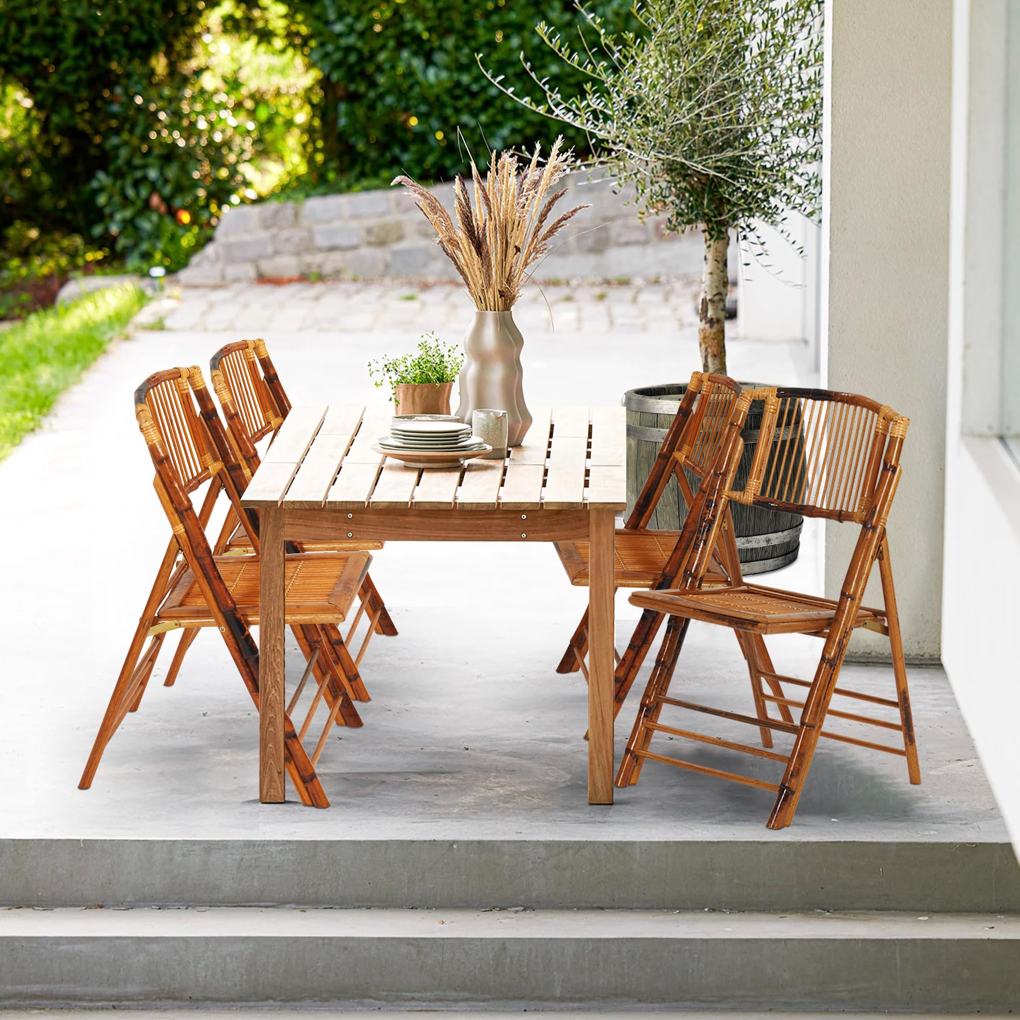 Real Relax 8-Pack Bamboo Folding Chairs - Foldable Stackable Patio Dining Chairs for Indoor Outdoor Use - Perfect for Living Room, Bedroom, Garden, Balcony & Backyard Gatherings