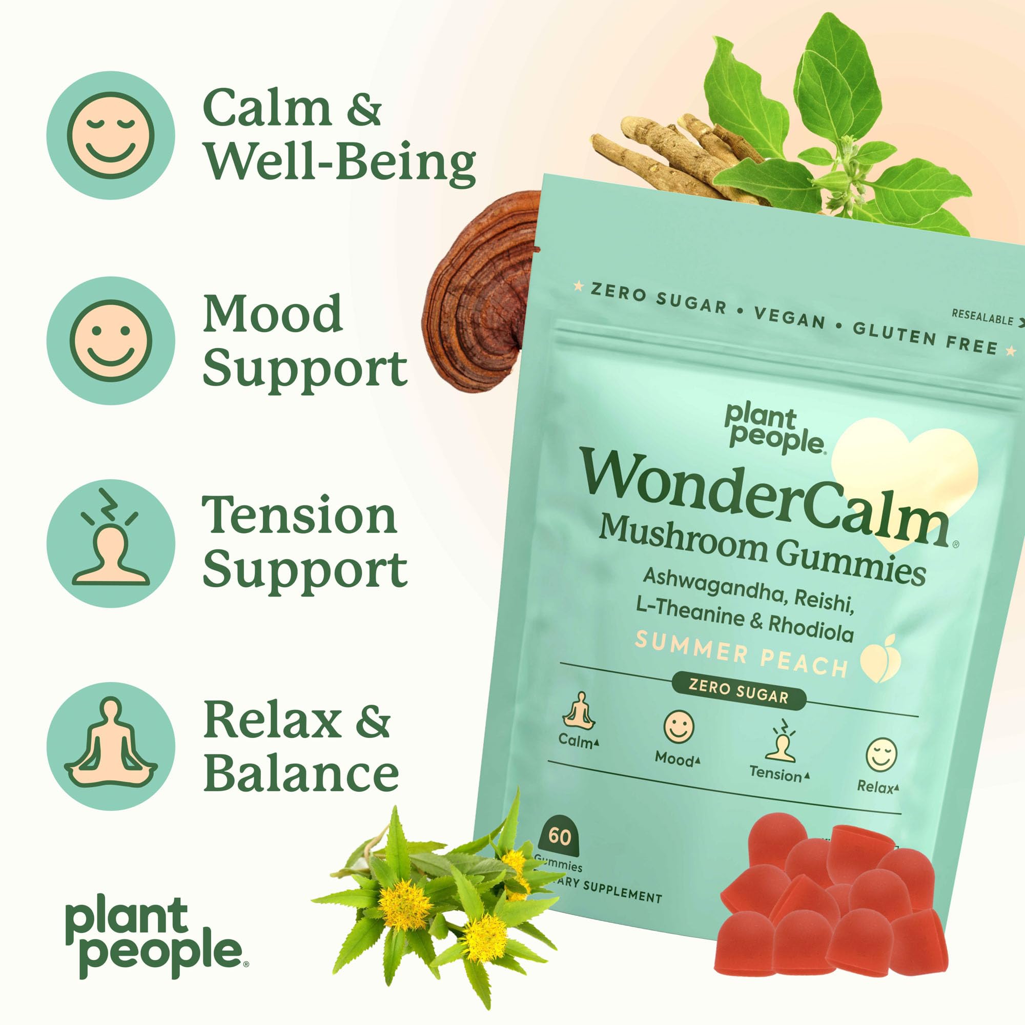 WonderCalm Mushroom Gummies with Ashwagandha - Stress Relief & Mood Booster Supplement for Adults | Sugar-Free, Gluten-Free, Vegan, Natural Peach Flavor | 60 Count | Perfect for Daily Relaxation & Work-Life Balance