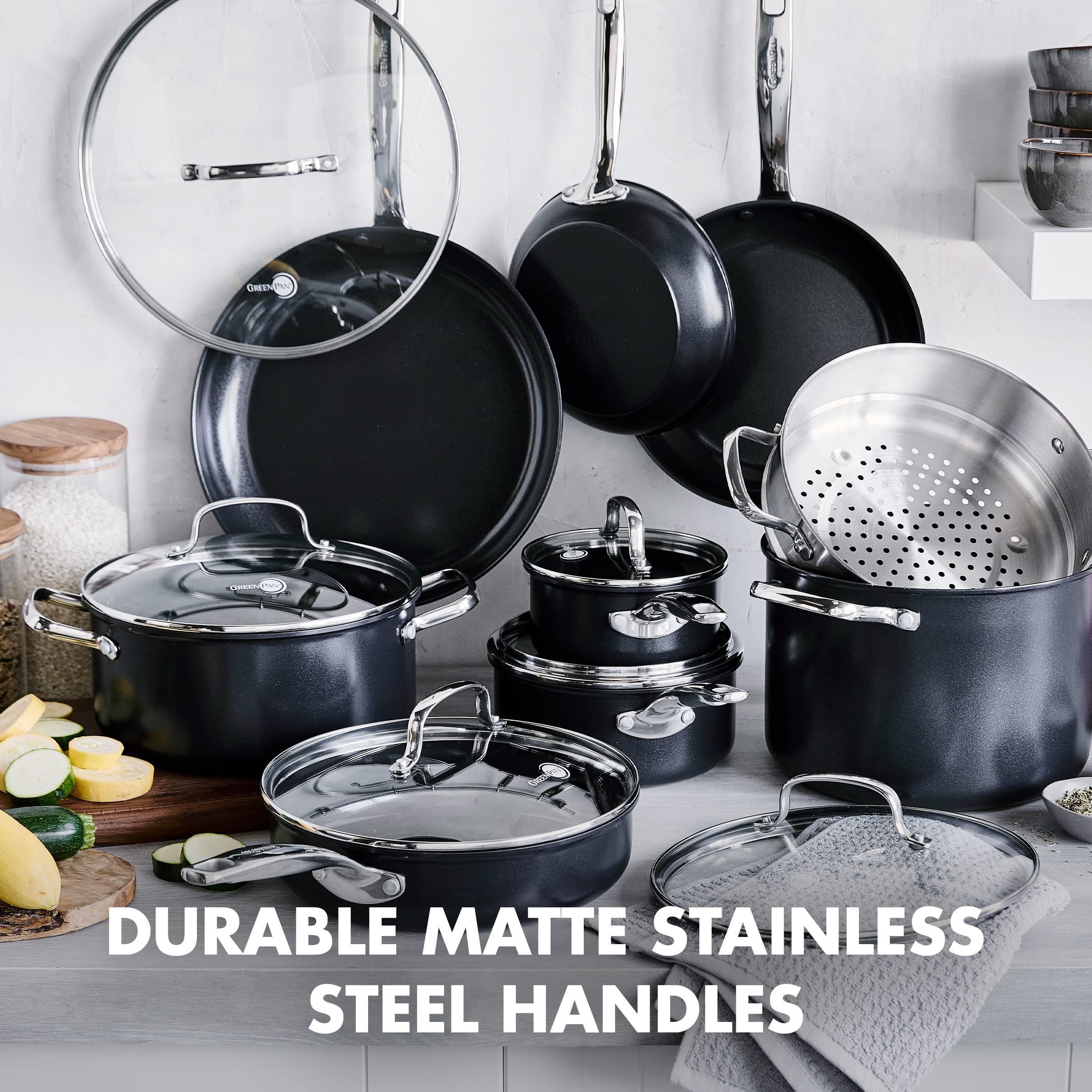 GreenPan Chatham Prime Midnight 15-Piece Nonstick Cookware Set - Hard Anodized Healthy Ceramic PFAS-Free Pots & Pans with Lids, Oven & Dishwasher Safe - Perfect for Sauteing, Steaming, Sauce Making & Family Cooking