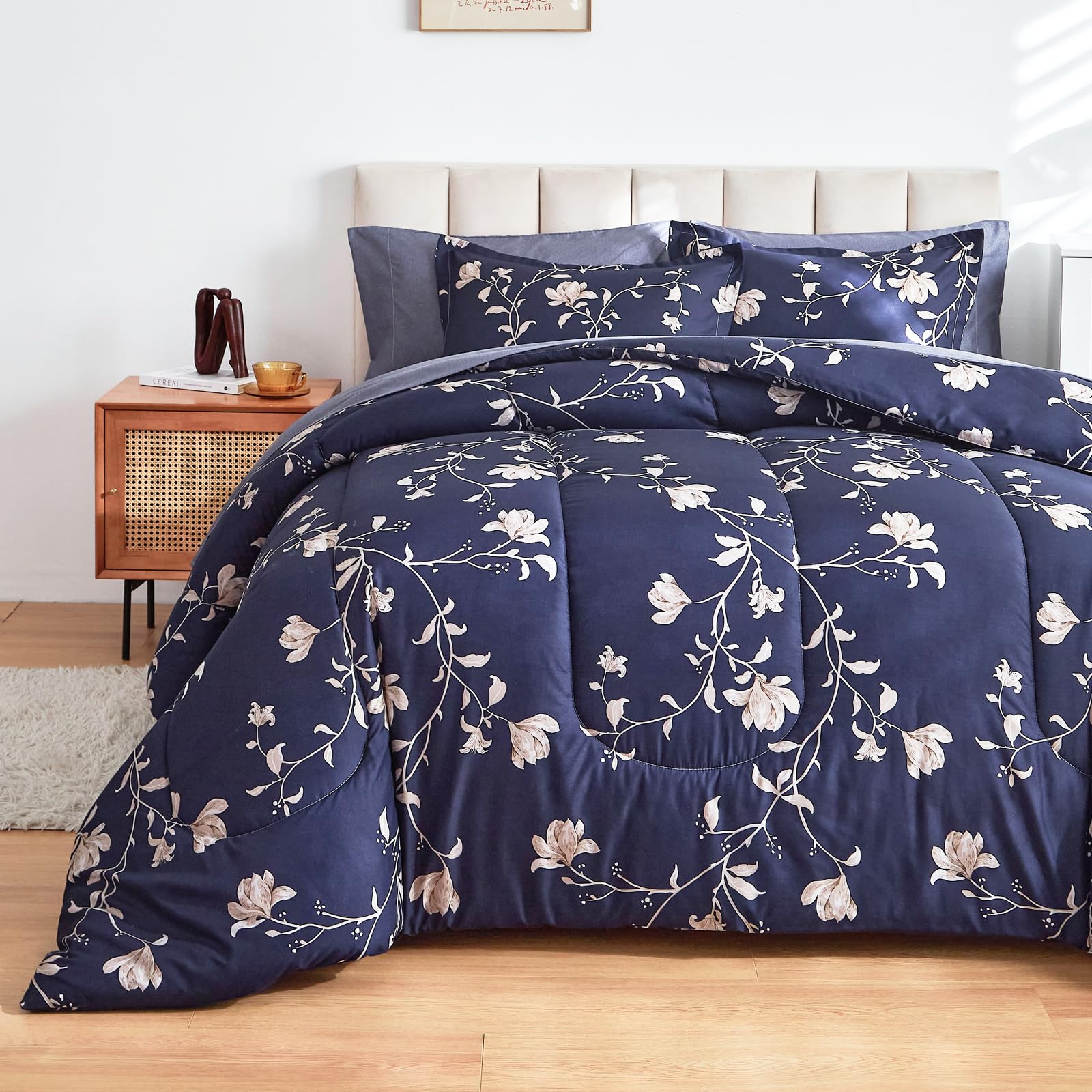 AIKASY 7-Piece Queen Floral Comforter Set - Navy Blue Bed in a Bag (Includes Comforter, 2 Pillow Shams, Sheets & Pillowcases) | Soft Luxury Bedding for Master Bedroom, Guest Room & Dorm Decor