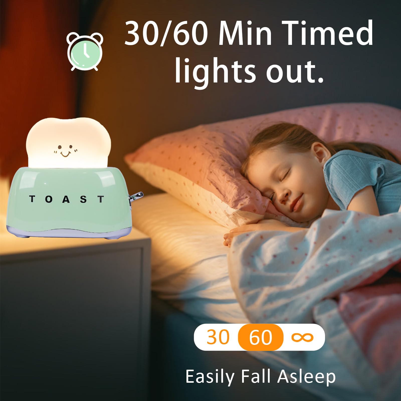 Cute Toast Lamp - Battery Powered Night Light for Kids, Rechargeable Desk Lamp with Adjustable Brightness, Kawaii Decor for Girls Bedroom - Perfect for Bedtime, Nursery, and Playroom Lighting