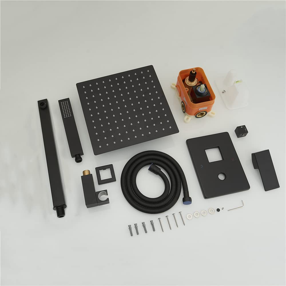 Square Rainfall Shower Head and Handheld Spray Combo - Matte Black Bathroom Shower System with Mixer Valve Trim Kit - Perfect for Modern Home Spa Experience and Relaxing Rainfall Shower