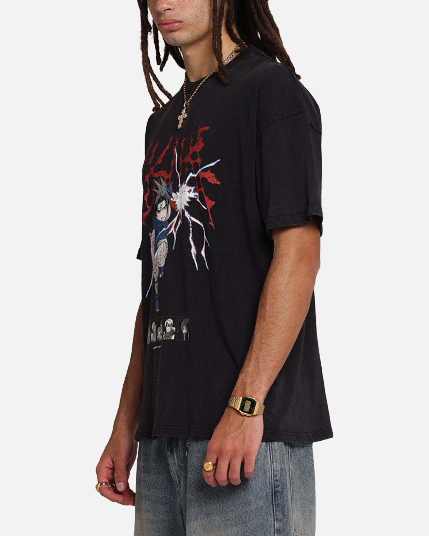 Naruto Sasuke Vintage Graphic T-Shirt - Black Acid Wash Style - Perfect for Anime Fans & Casual Wear