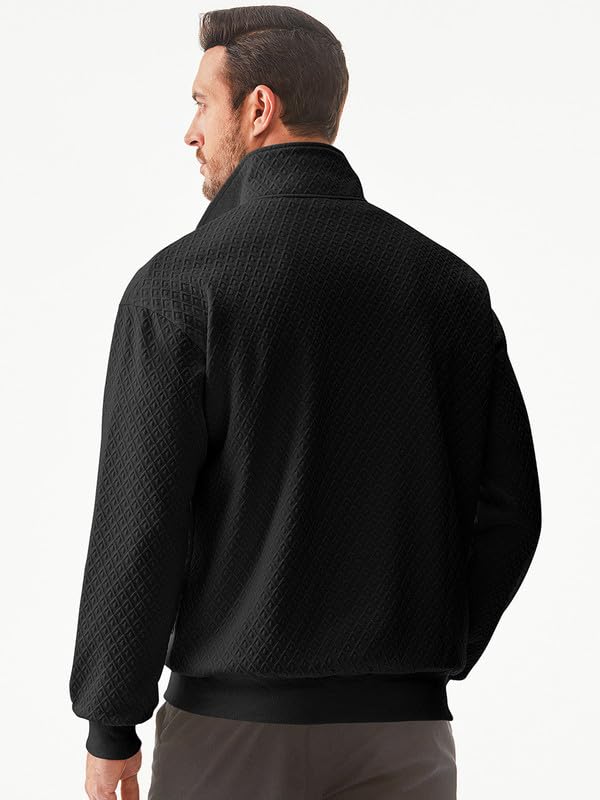 Men's Quarter Zip Sweatshirt - Casual Mock Neck Pullover with Geometric Waffle Texture | Long Sleeve Solid Color Fleece for Outdoor Activities & Lounge Wear