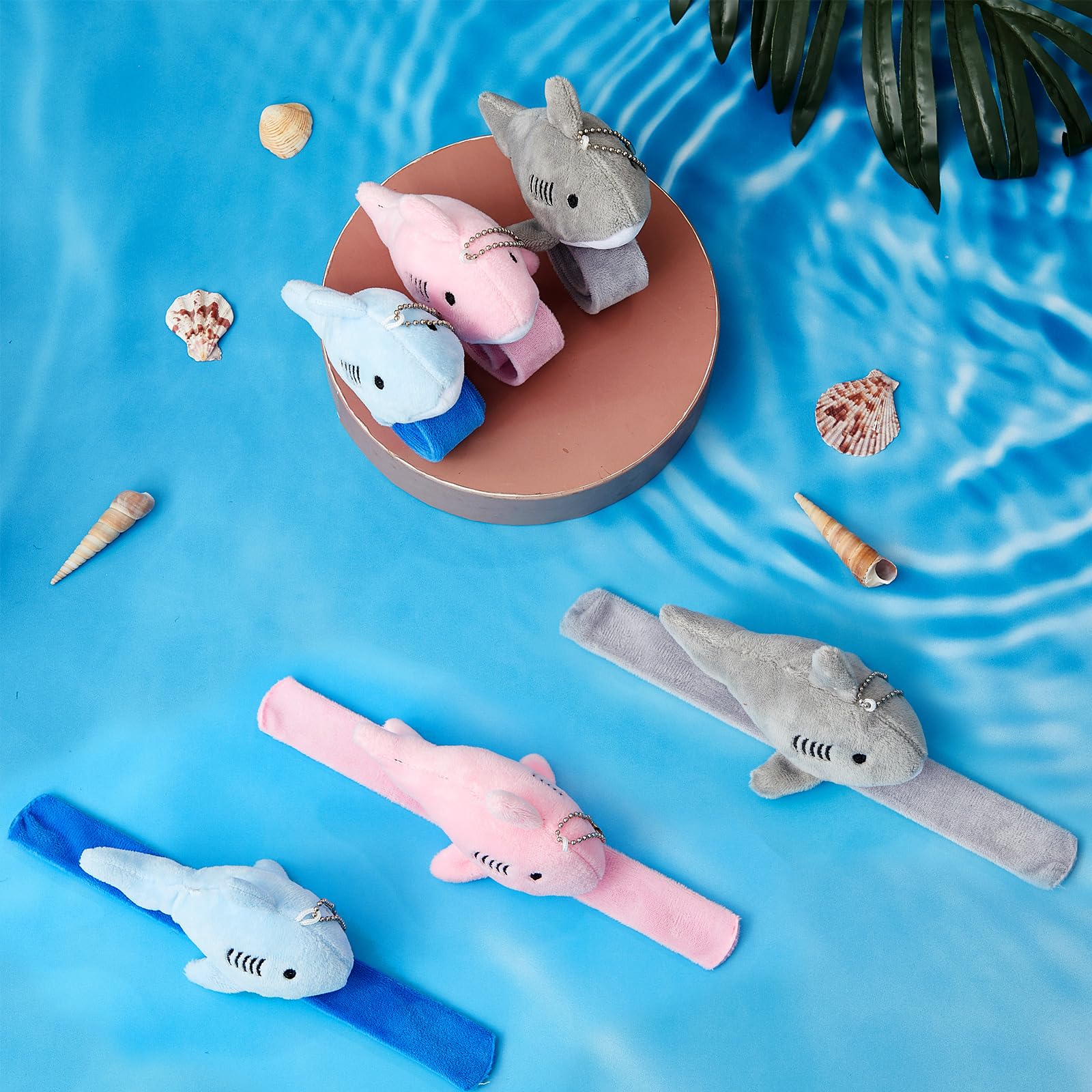 12 Pcs Plush Shark Slap Bracelet Stuffed Animal Wristbands - Fun Sea Animal Snap Bracelets for Kids, Party Favors, Birthday Gifts (Blue, Gray, Pink) - Perfect for Beach Parties, Pool Games & Ocean-Themed Events