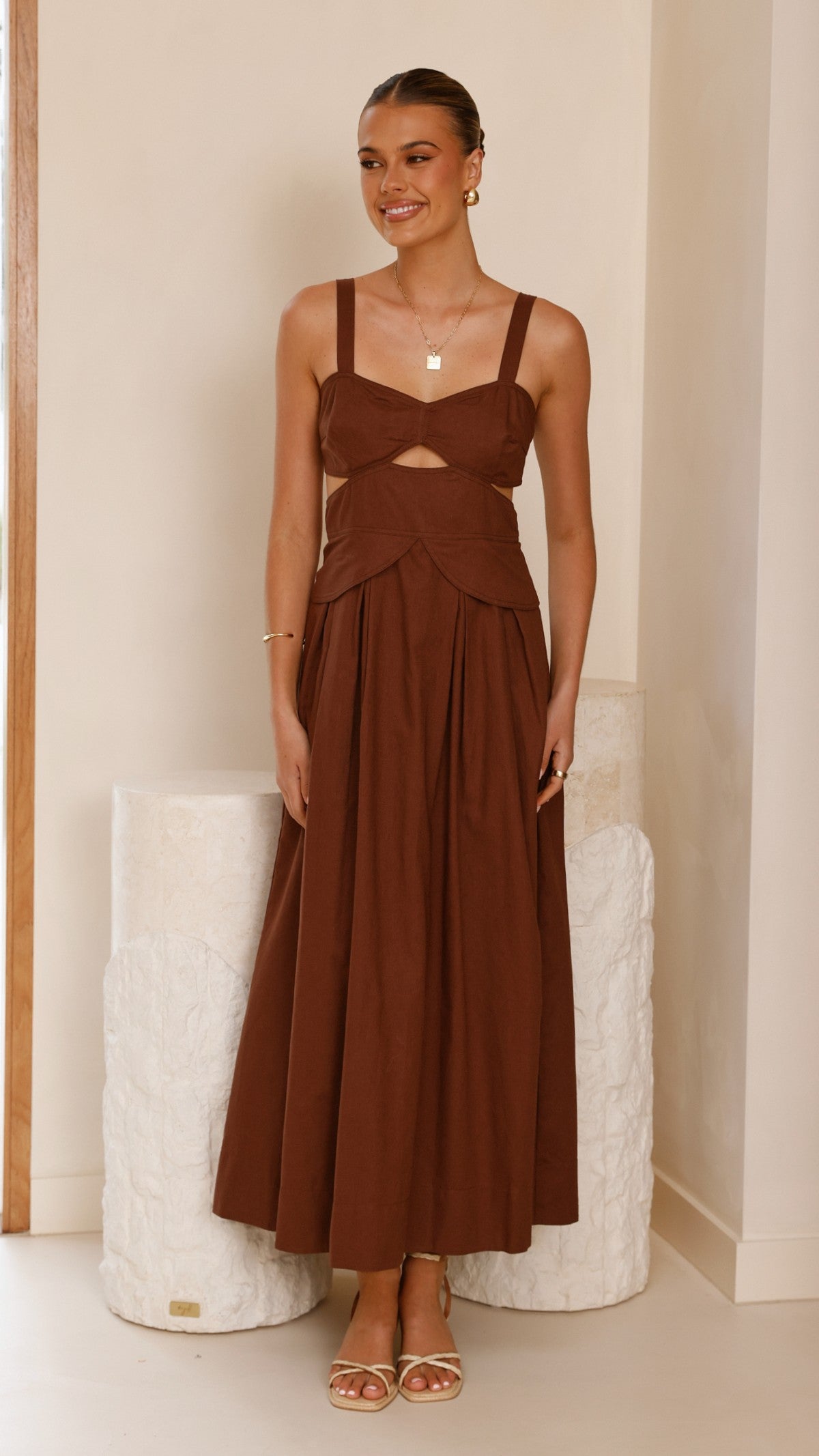 Harleigh Midi Dress in Brown - Elegant Casual & Party Wear for Women | Perfect for Office, Date Night & Special Occasions