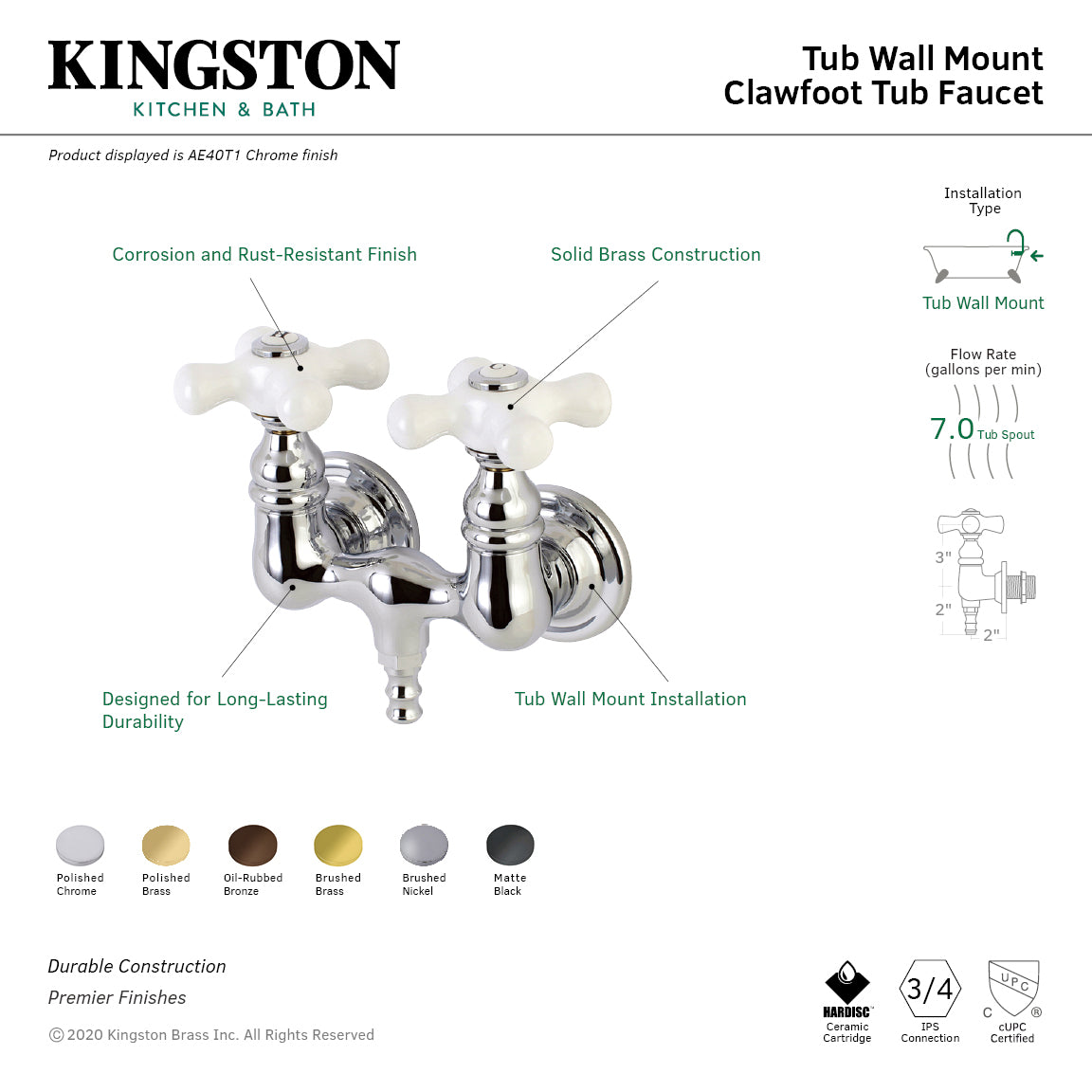 Vintage Style AE40T1 Two-Handle Wall Mount Clawfoot Bathtub Faucet in Polished Chrome - Perfect for Classic Bathroom Renovations and Antique Tub Installations