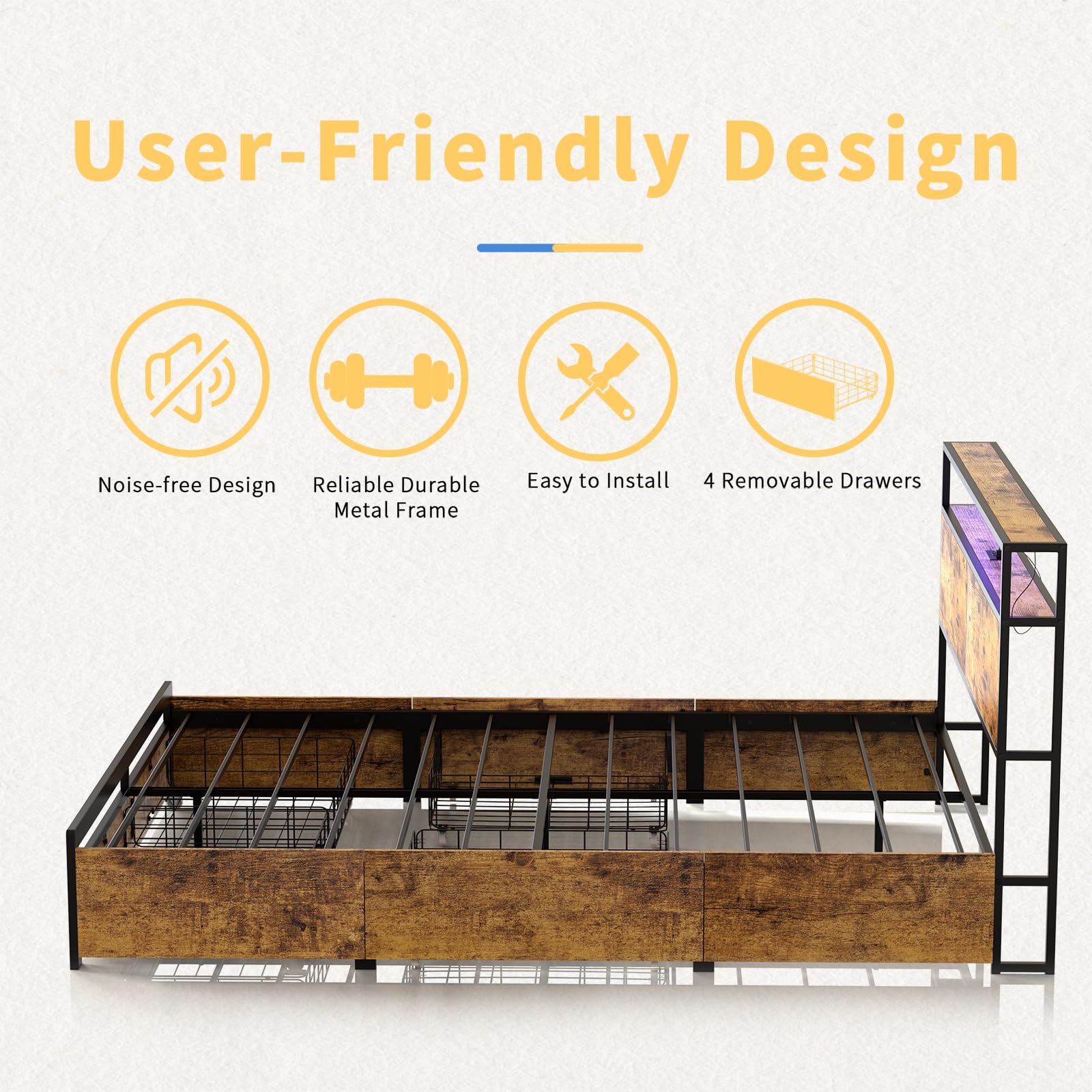 Full Size Bed Frame with Storage Headboard, 4 Drawers & LED Lights - Sturdy Metal Platform with Non-Slip Quiet Design, No Box Spring Needed - Perfect for Small Bedrooms, Guest Rooms & Apartments