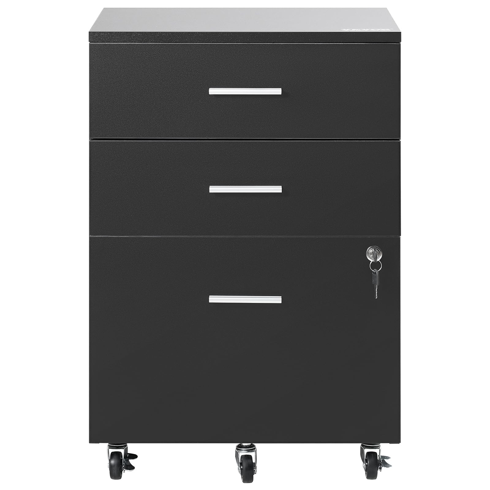 VEVOR 3-Drawer Wood File Cabinet with Lock - Letter/A4 Size Office Storage - 5-Wheel Rolling Design for Home & Office - Black - Perfect for Document Organization & Workspace Storage