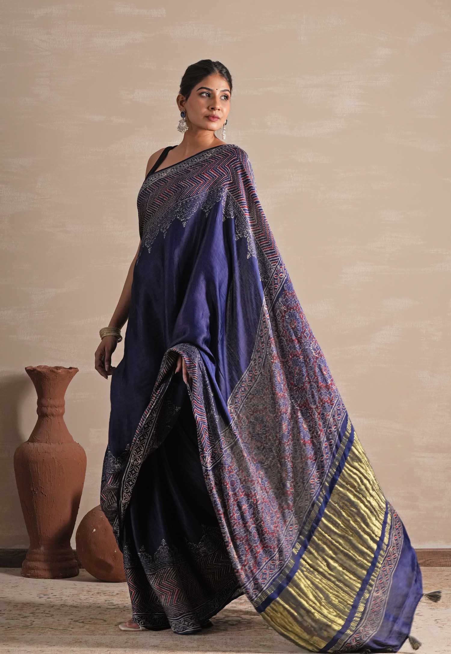Midnight Serenade Hand Block Printed Modal Tissue Saree | Soft Breathable Indian Saree for Women | Perfect for Weddings, Parties & Festive Occasions