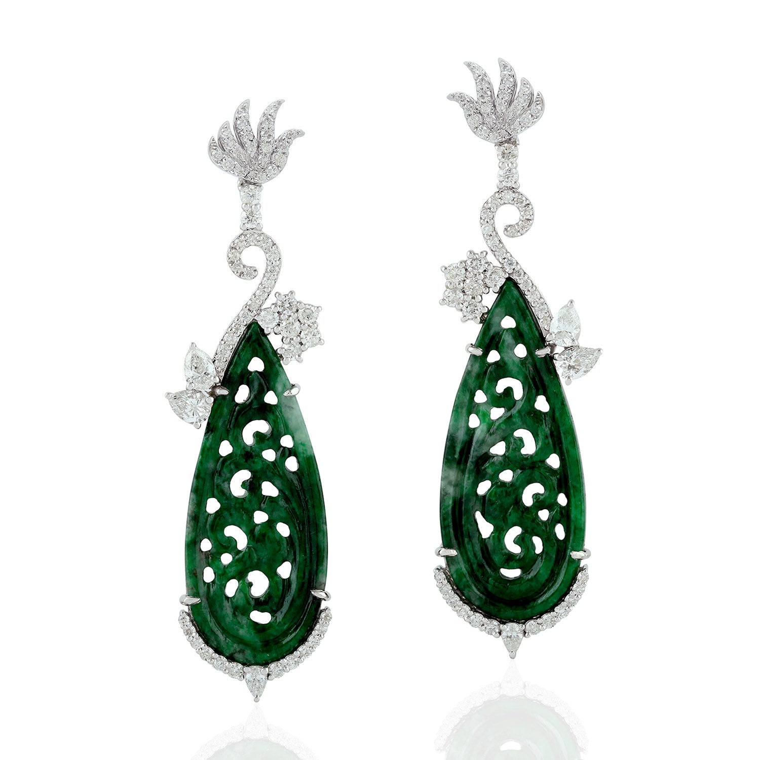 18K White Gold Floral Carved Jade Dangle Earrings with Diamond Accents - Elegant Jewelry for Weddings, Parties & Special Occasions