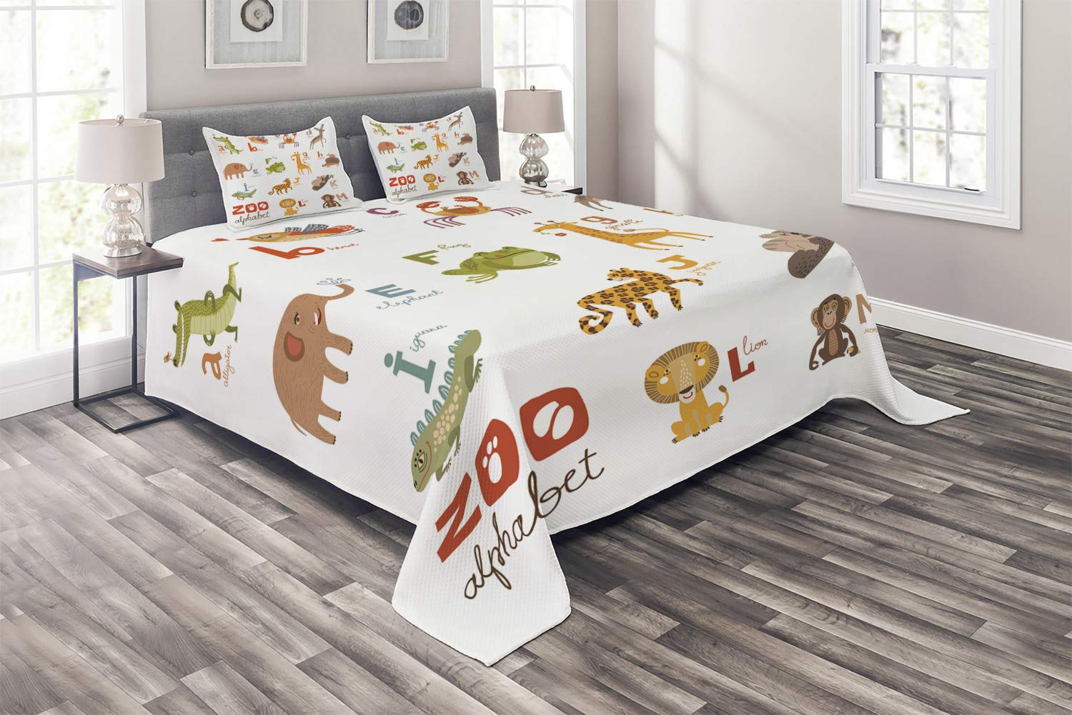 Lunarable ABC Coverlet - Animal Characters Wilderness Inspirational Quilted Bedspread Set with 2 Pillow Shams, King Size, Multicolor - Perfect for Kids' Room Decor & Educational Learning