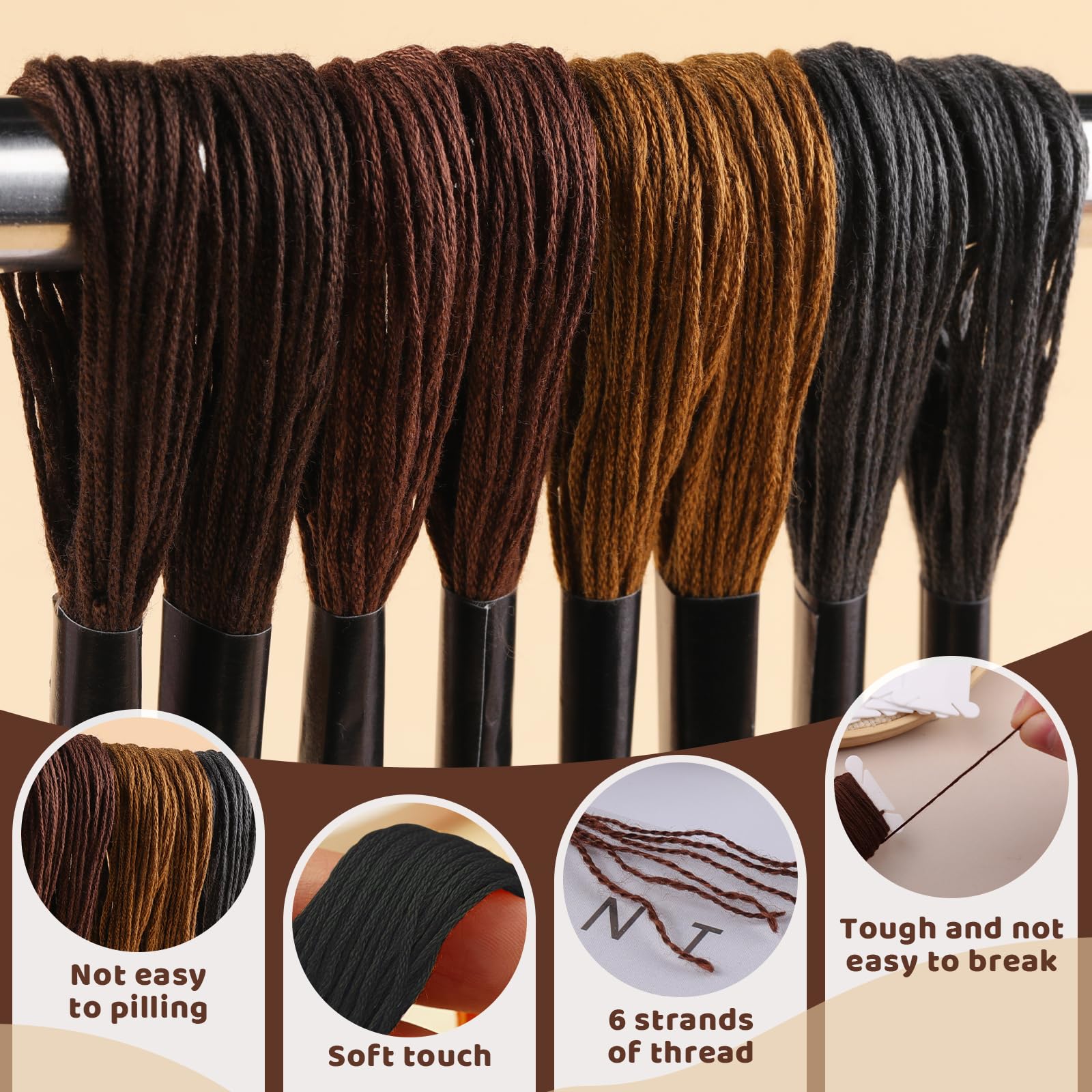 Premium Brown Series Embroidery Cross Stitch Floss Kit - 50 Colors Cotton Thread Set with Plastic Bobbins, Needle Threader & Sewing Needles - Perfect for DIY Embroidery, Cross Stitch Projects & Handmade Crafts