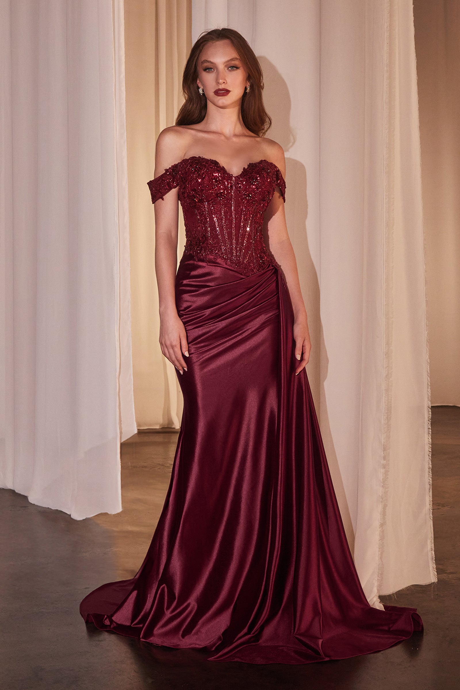 Hailee Off Shoulder Lace & Satin Fitted Evening Gown - Elegant Formal Dress for Prom, Wedding & Special Occasions