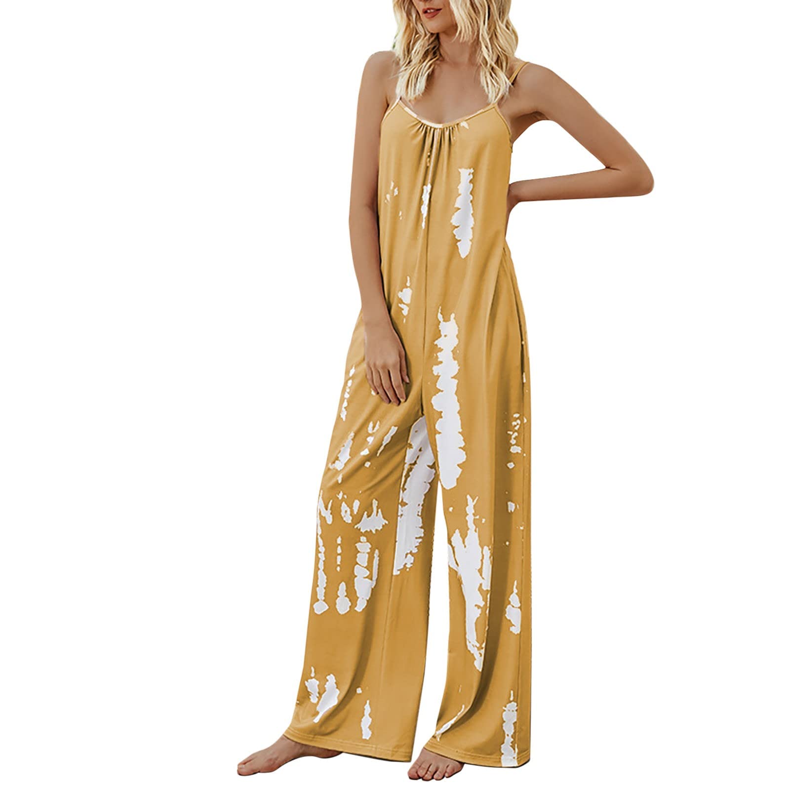 Women's Summer Casual Playsuit - Sleeveless Thin Shoulder Straps Jumpsuit with Chest Fold Decoration & Wide Leg Design | Perfect for Beach Vacations, Outdoor Parties & Casual Wear