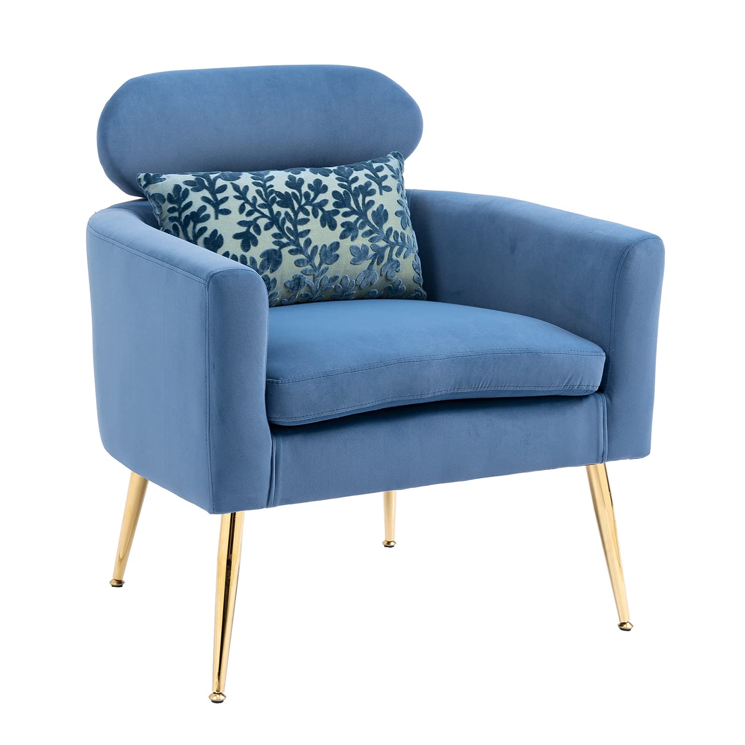 Virabit Blue Velvet Accent Chair with Gold Legs & Embroidered Pillow - Tufted Upholstered Armchair for Living Room, Bedroom or Makeup Area | Perfect for Reading Nooks, Home Decor & Luxury Seating