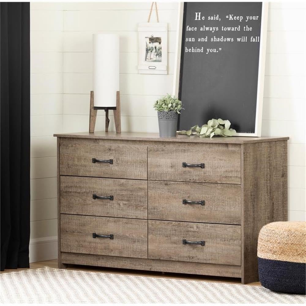 BOWERY HILL 6-Drawer Double Dresser - Modern Rustic Wood Bedroom Dresser & Living Room Sideboard in Grey Oak - Perfect for Bedroom Storage and Living Room Organization