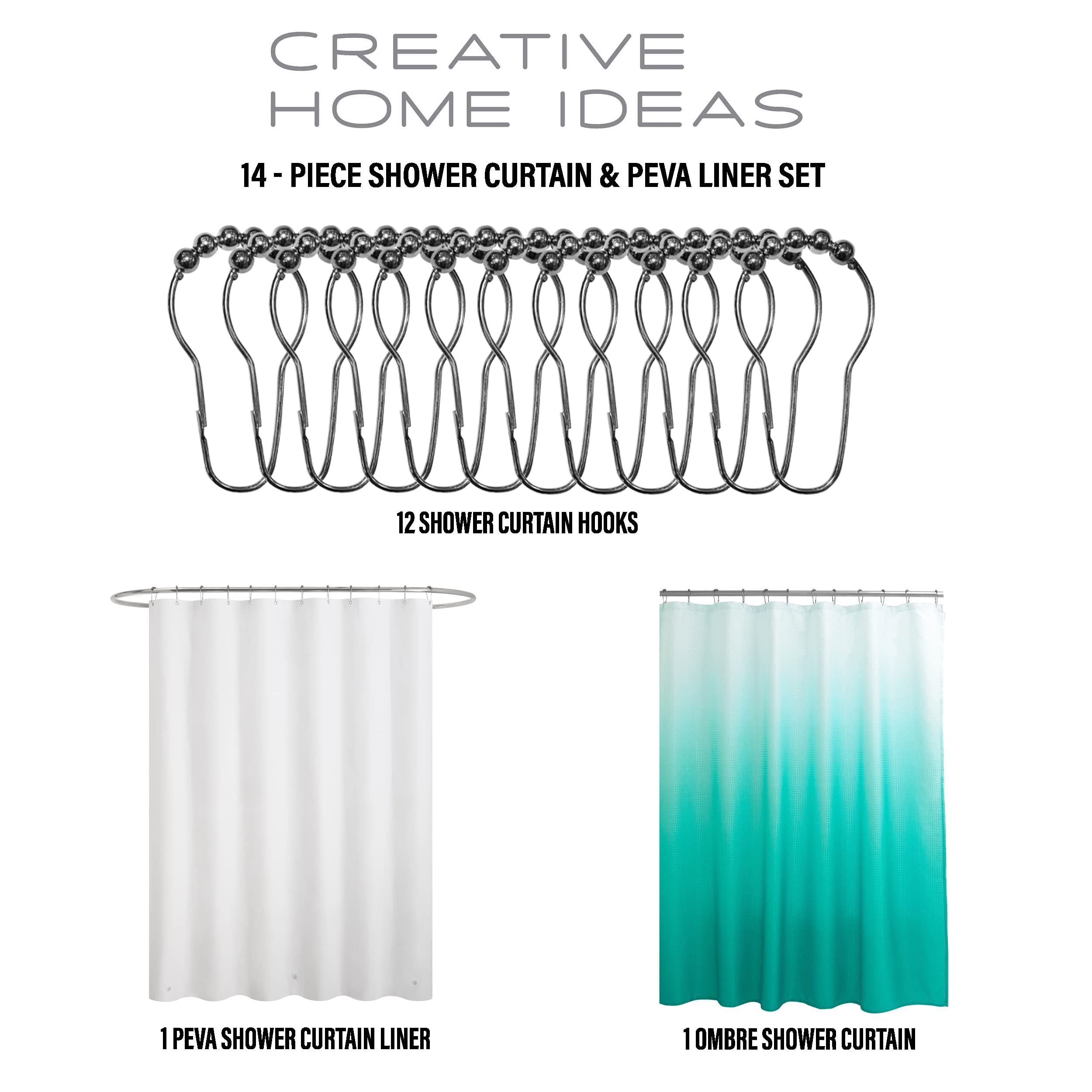 Turquoise Blue White Ombre 14-Piece Shower Curtain Set with Hooks & PEVA Liner - 70x72 Inch Bathroom Decor for Modern & Coastal Homes - Includes 1 Ombre Shower Curtain, 1 Frosted PEVA Liner & 12 Hooks - Perfect for Spa-Like Showers & Beach-Themed Bathrooms