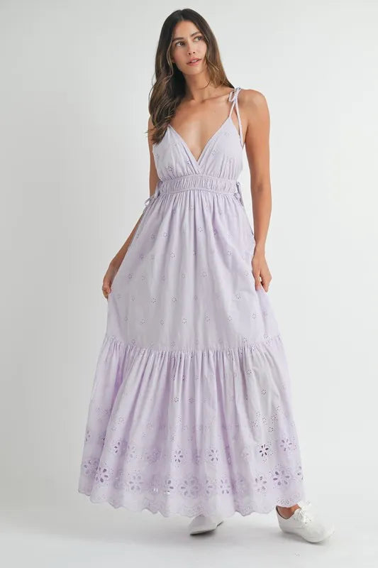 Elegant Eyelet Lace Maxi Dress with Adjustable Side Straps - Perfect for Summer Weddings, Beach Vacations & Boho Fashion
