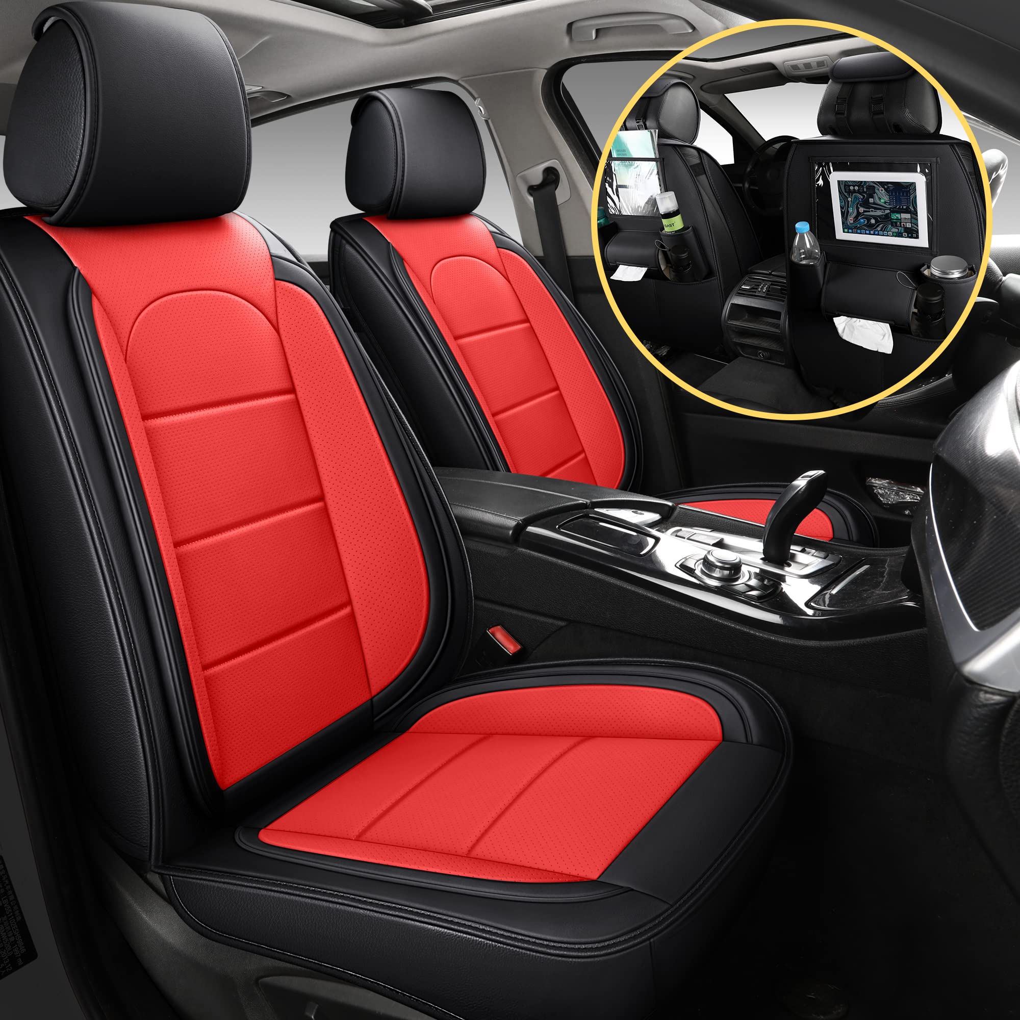 Premium AOOG Leather Car Seat Covers with Backseat Organizer - Universal Fit for Sedan, SUV & Pickup Trucks (Front Pair, Black & Red) - Perfect for Road Trips, Commuting & Family Travel