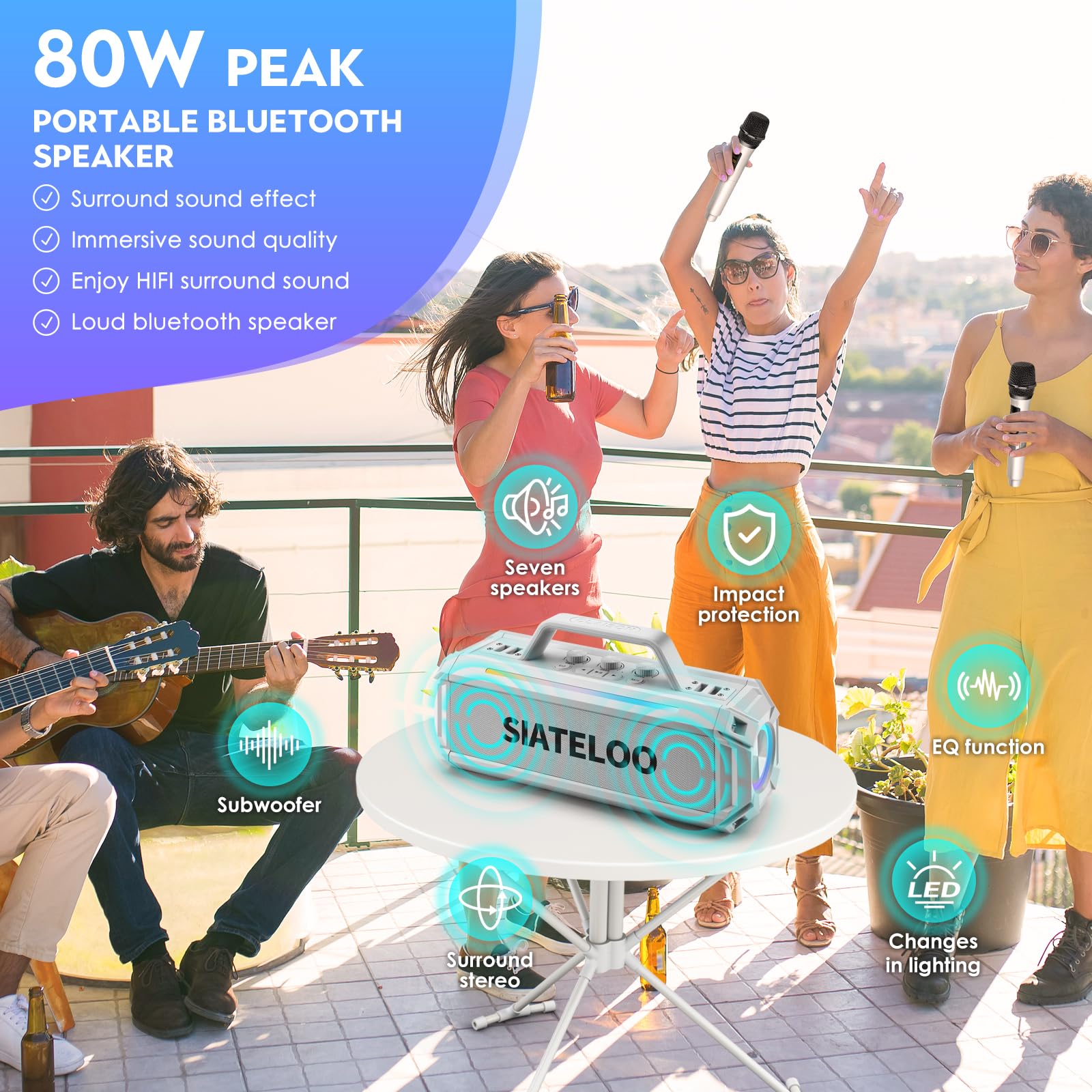 Portable Outdoor Bluetooth 5.3 Speaker - 80W Peak Stereo Sound with Deep Bass, Waterproof, Wireless Microphones, Aux Input - Perfect for Beach, Camping, Pool Parties & Karaoke (White)