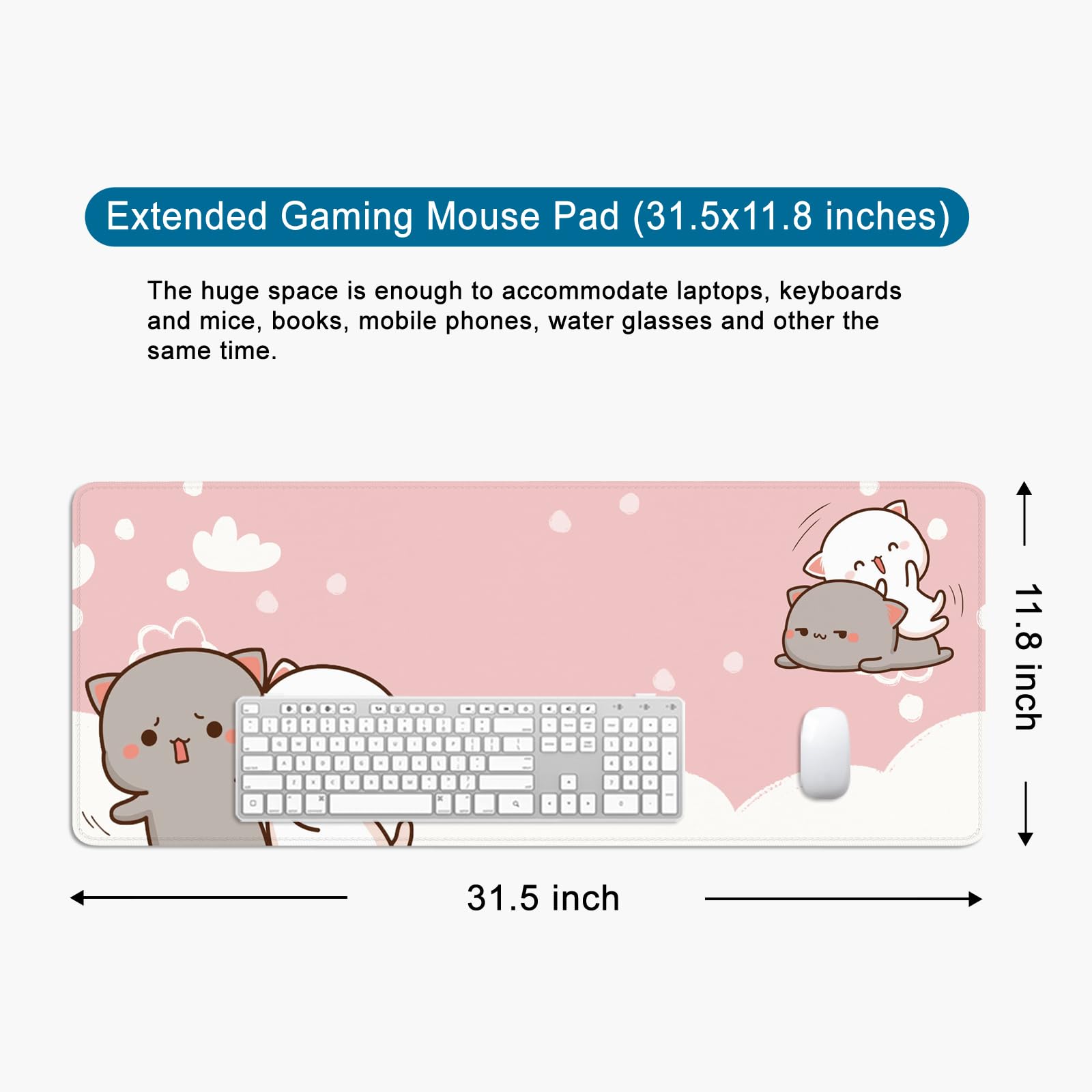 Pink Cat Gaming Mouse Pad - Extra Large 31.5x11.8x0.12 Inch Non-Slip Desk Mat for PC, Laptop, Office & Home - Cute Kawaii Keyboard Pad with Funny Cat Design - Perfect for Gamers, Work & Study Setup