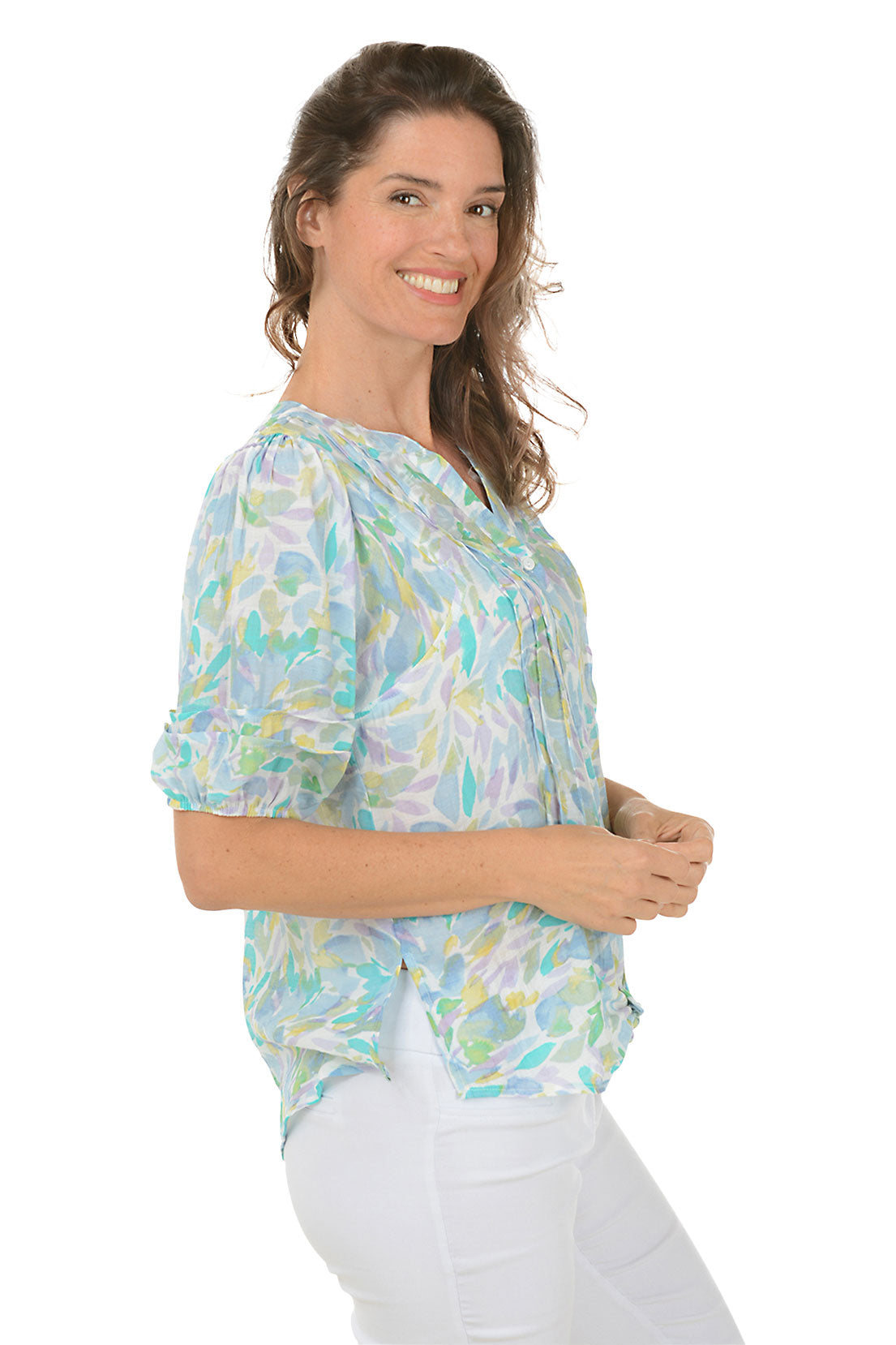 Elegant Petite Watercolor Floral Pleated Blouse for Women - Perfect for Office Wear, Dates & Special Occasions