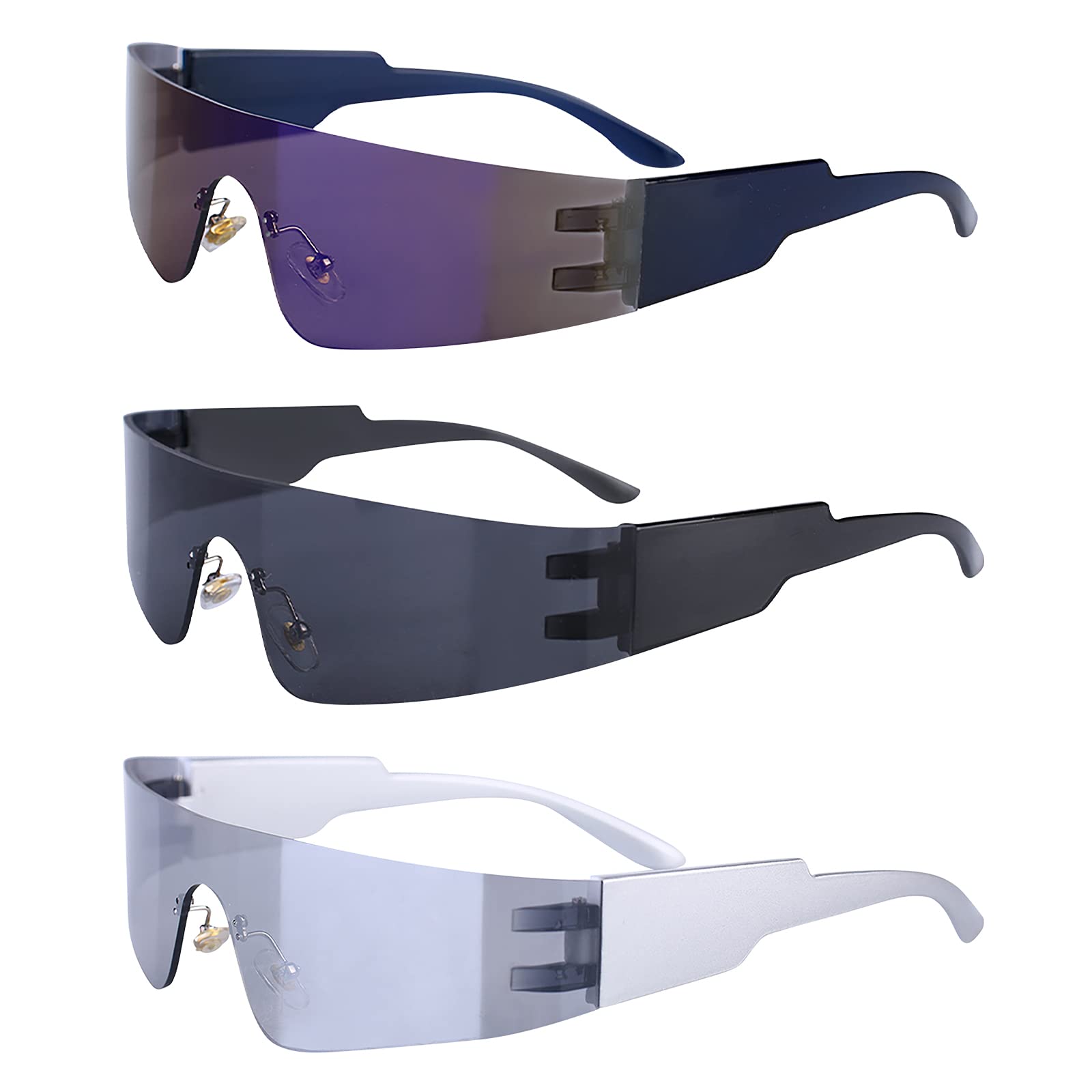 Futuristic Wrap Around Sunglasses for Women & Men - 3 PCS One Piece Flat Top Shield Eyewear, Rimless Single Lens Celeb Sunglasses | Perfect for Driving, Cycling, Outdoor Sports & Fashion Statement