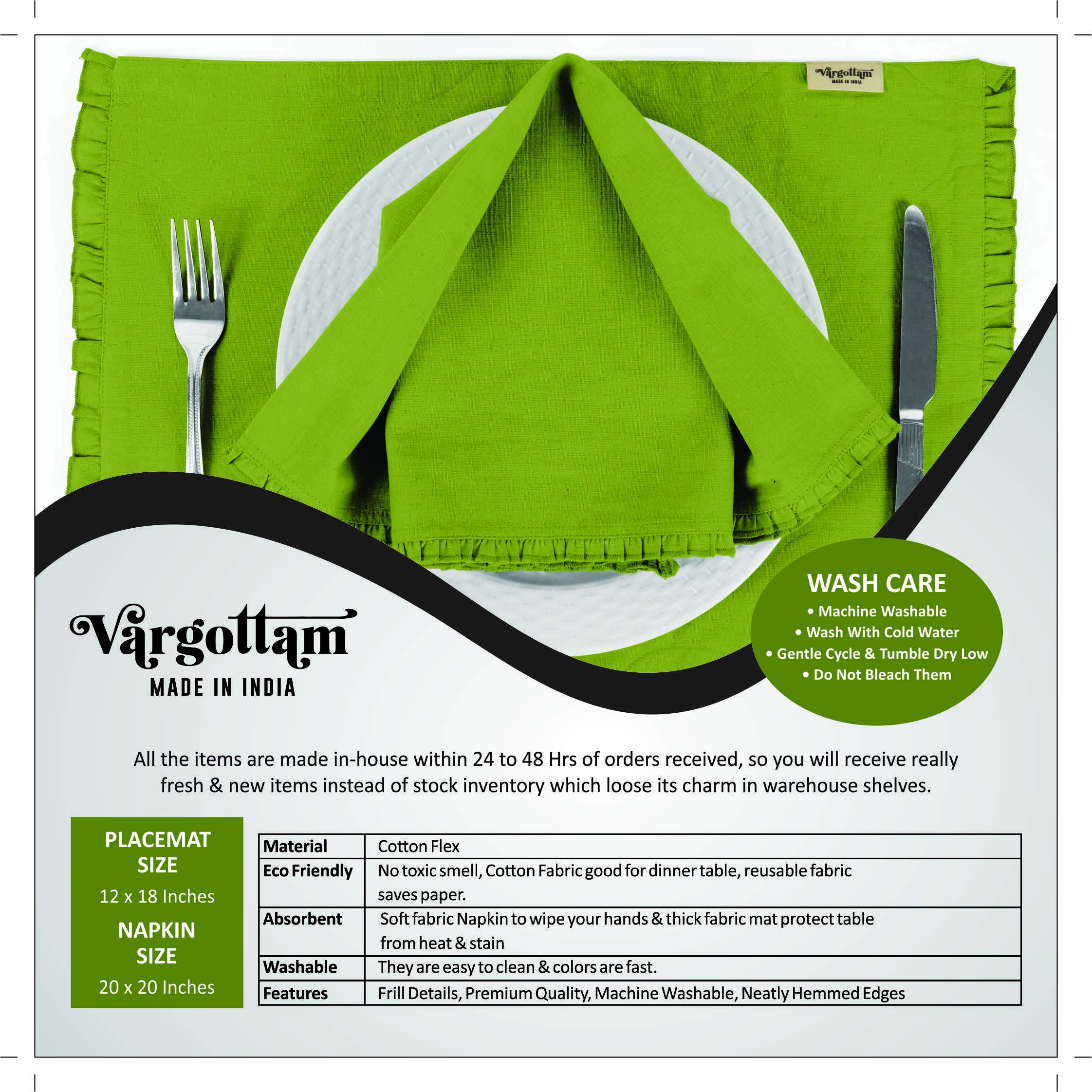 Eco-Friendly Light Green Reversible Frill Table Mats & Napkins Set - 6-Piece Dining Room Decor for Everyday Use & Special Occasions