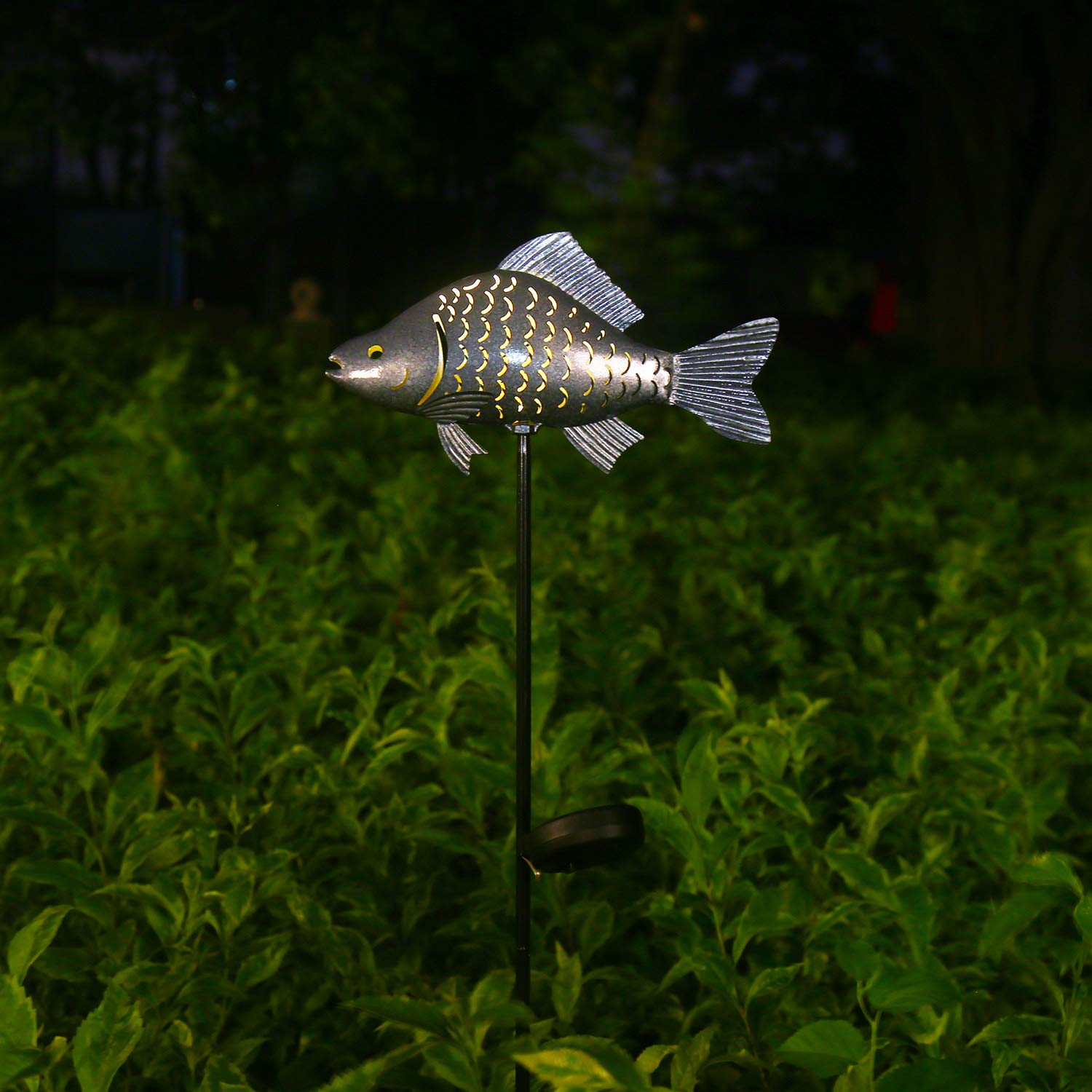 KAIXOXIN Solar Garden Lights - Metal Fish Decorative Stake Outdoor Solar Lights for Patio, Yard, Pathway - Warm White LED Solar Powered Landscape Lighting (Silver, 1-Pack) - Perfect for Garden Decor, Walkway Illumination, and Backyard Ambiance