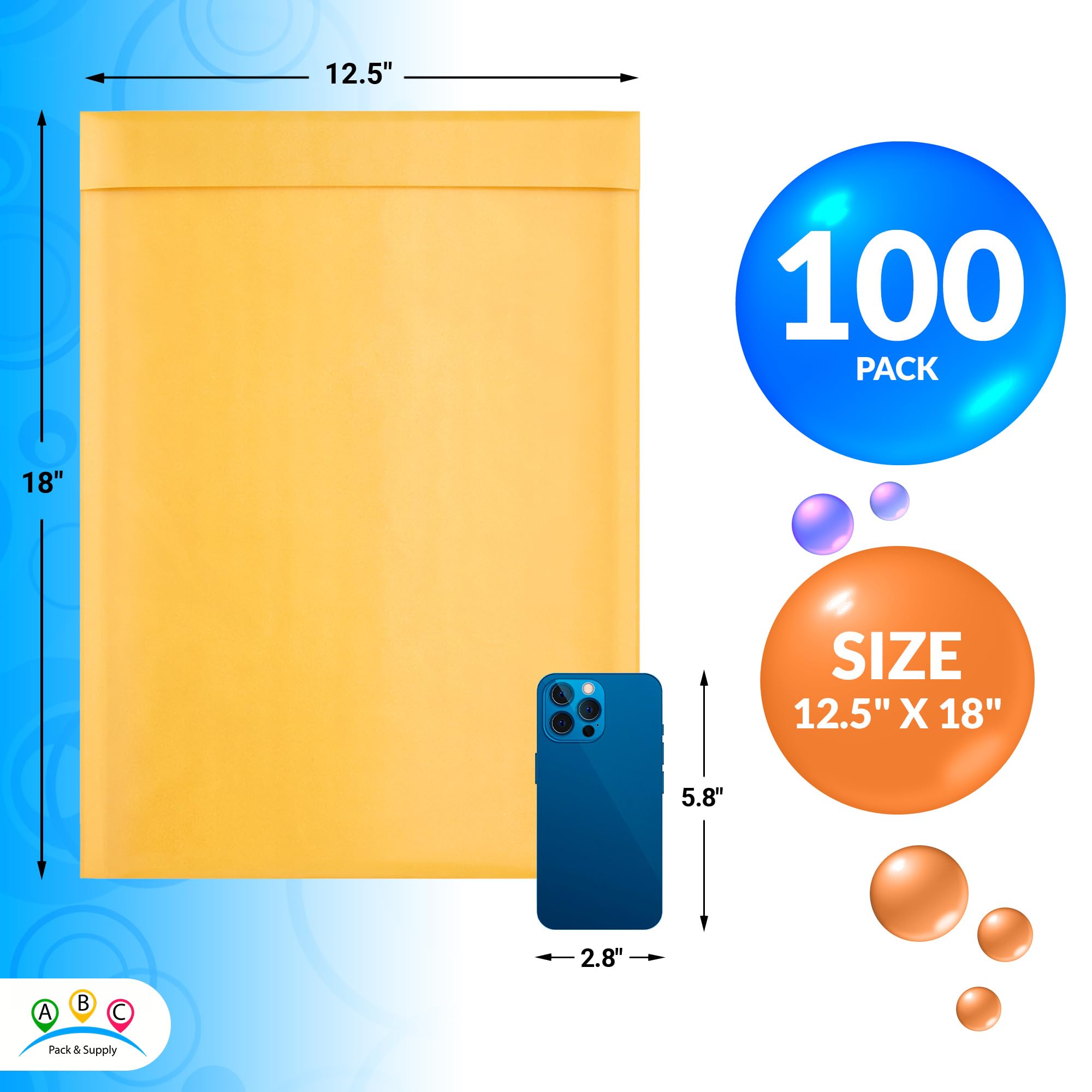 ABC Gold Kraft Bubble Mailer Envelopes 12.5x18 Inch - 100 Pack Self Seal Padded Shipping Envelopes | Water-Resistant & Opaque Kraft Mailers for Jewelry, Cosmetics, Small Business Shipping & Ecommerce Packaging
