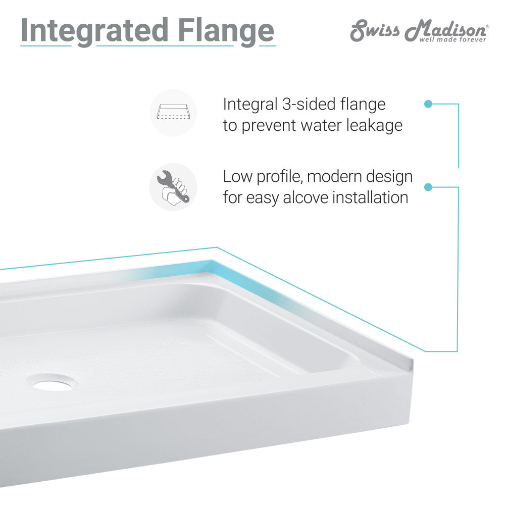Voltaire 60 x 30 Inch Acrylic Shower Base with Center Drain - White Single Threshold Bathroom Shower Pan for Easy Installation and Modern Home Renovation