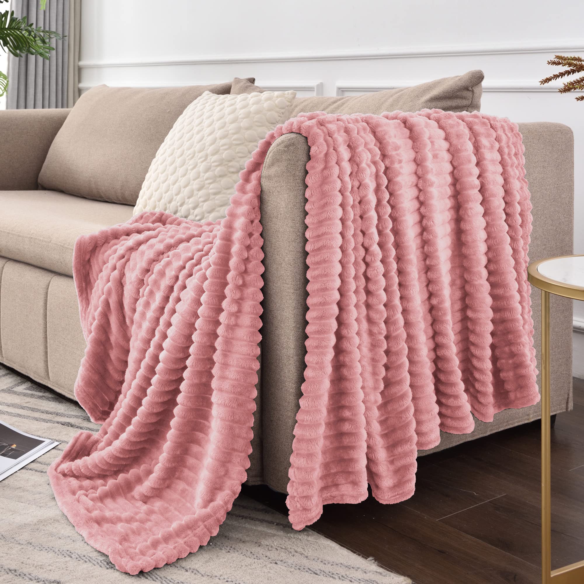 BEDELITE 3D Ribbed Jacquard Fleece Blanket - Twin Size 60x80 Inches - Ultra Soft & Warm Plush Fuzzy Blanket for Bed, Couch, Sofa - Lightweight Cozy Throw - Perfect for Winter Nights, Movie Time & Home Decor (Pink)