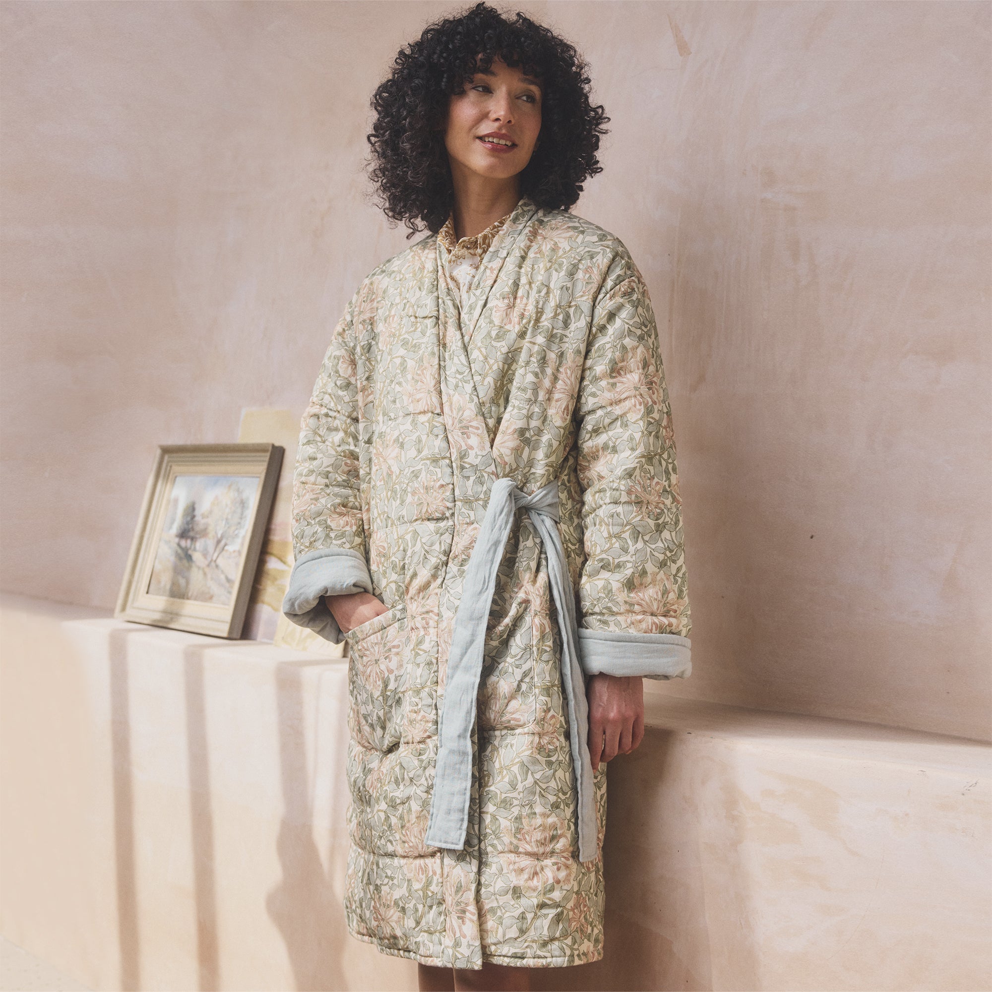 Soft Sage Honeysuckle Linen Housecoat - Women's Lightweight Bathrobe for Spa, Lounge & Relaxation at Home
