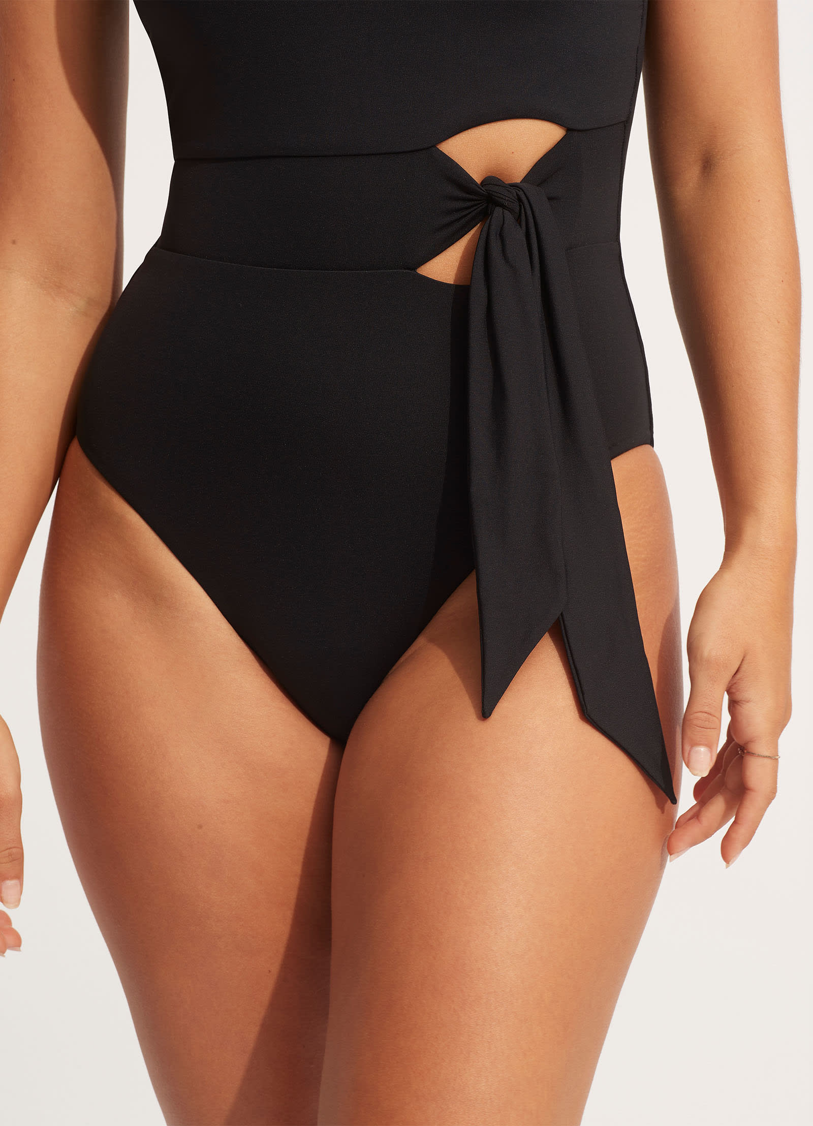 Seafolly Collective Tie Waist One Piece Swimsuit - Black | Women's High Waist Bathing Suit for Beach & Pool | Perfect for Summer Vacation, Swim Parties & Tropical Getaways