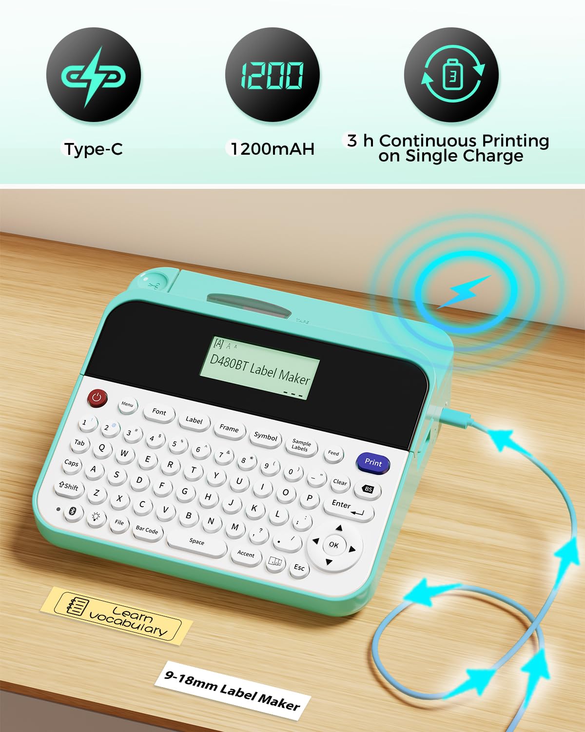 D480BT Bluetooth Label Maker Machine with Tape - QWERTY Keyboard Label Printer with Backlit LCD Screen | Up to 3/4