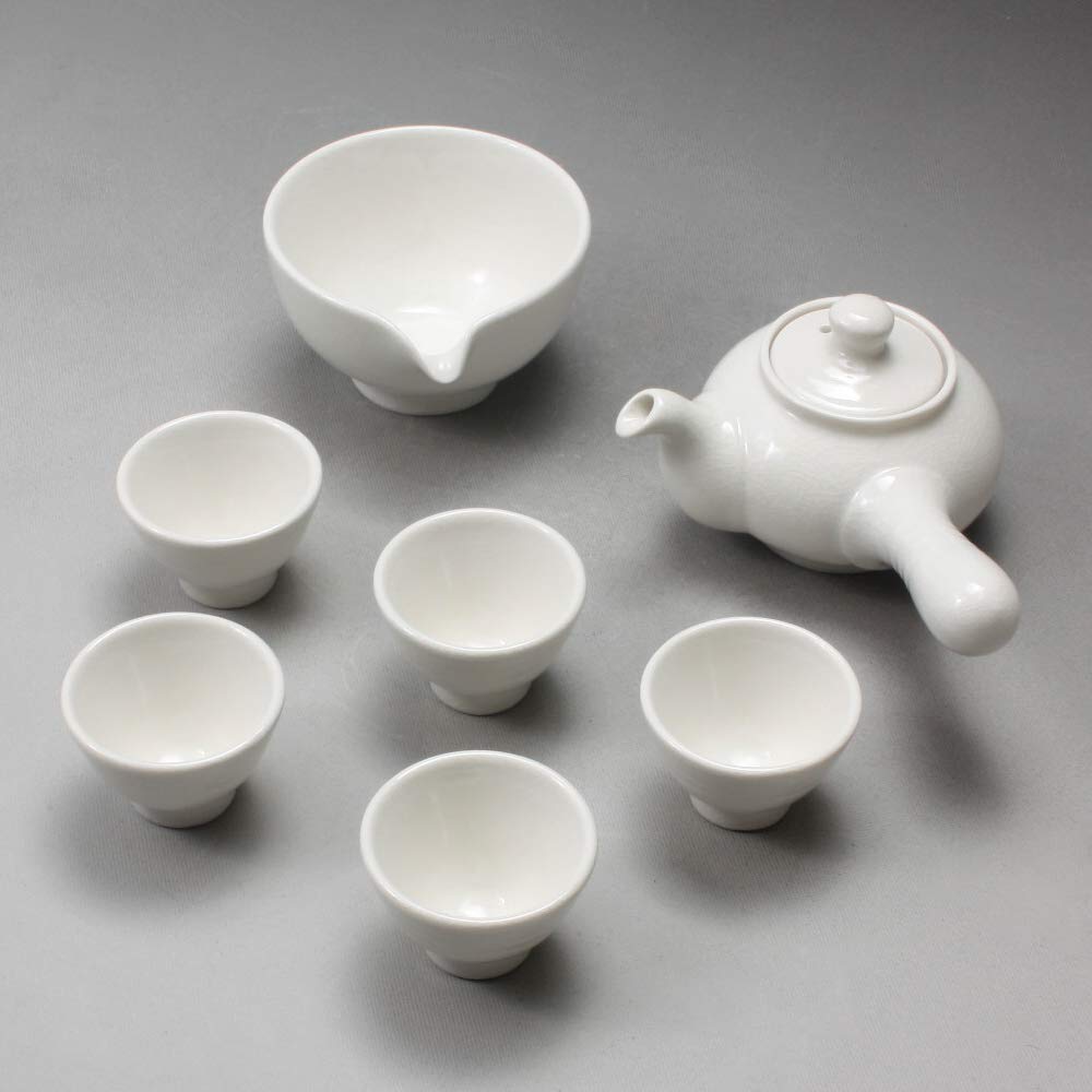 Korean Style Pure White Porcelain Tea Ceremony Set - 11.8oz (350ml) Side Handle Teapot with 5 Cups & Cooling Pitcher - Traditional Ceramic Tea Gift Set for Home, Office & Zen Meditation