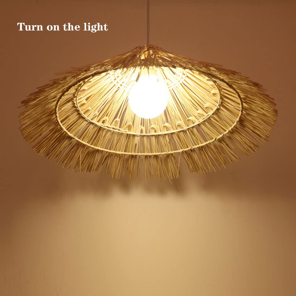 Hand-Woven Rattan Straw Hat Pendant Light - Bamboo Chandelier Ceiling Fixture with Wicker Lampshade - Boho Farmhouse Lantern for Bedroom, Restaurant, or Farm Stay Decor - Close-to-Ceiling Lighting for Cozy & Rustic Ambiance