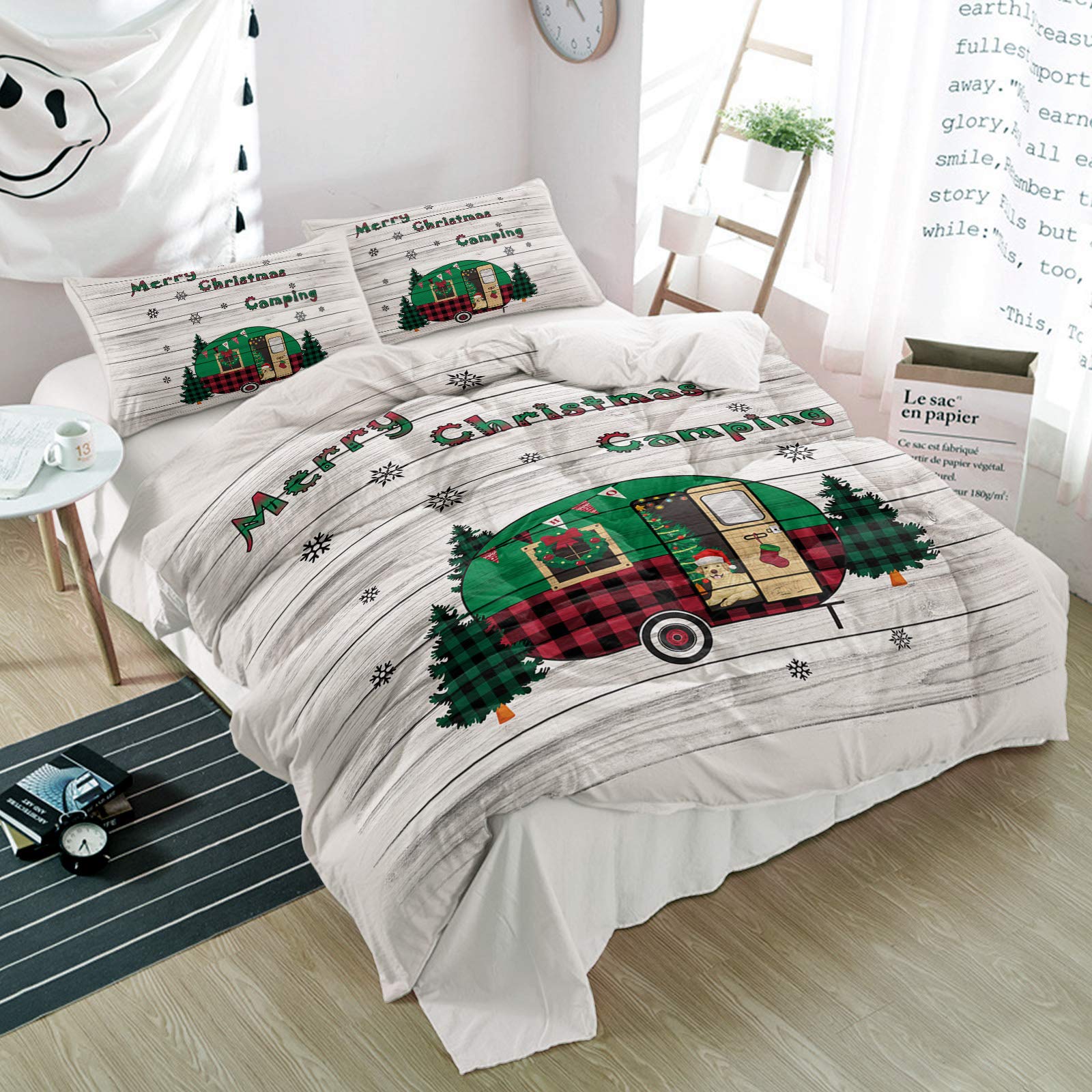 Possta Decor 3-Piece Christmas Tree Cartoon RV Dog Duvet Cover Set - Soft Microfiber Quilt Cover & Pillowcases, Green Plaid Snowflake Retro Design for Twin Bed | All-Season Cozy Bedroom Decor (Perfect for Holiday Guest Rooms & Winter-Themed Bedrooms)
