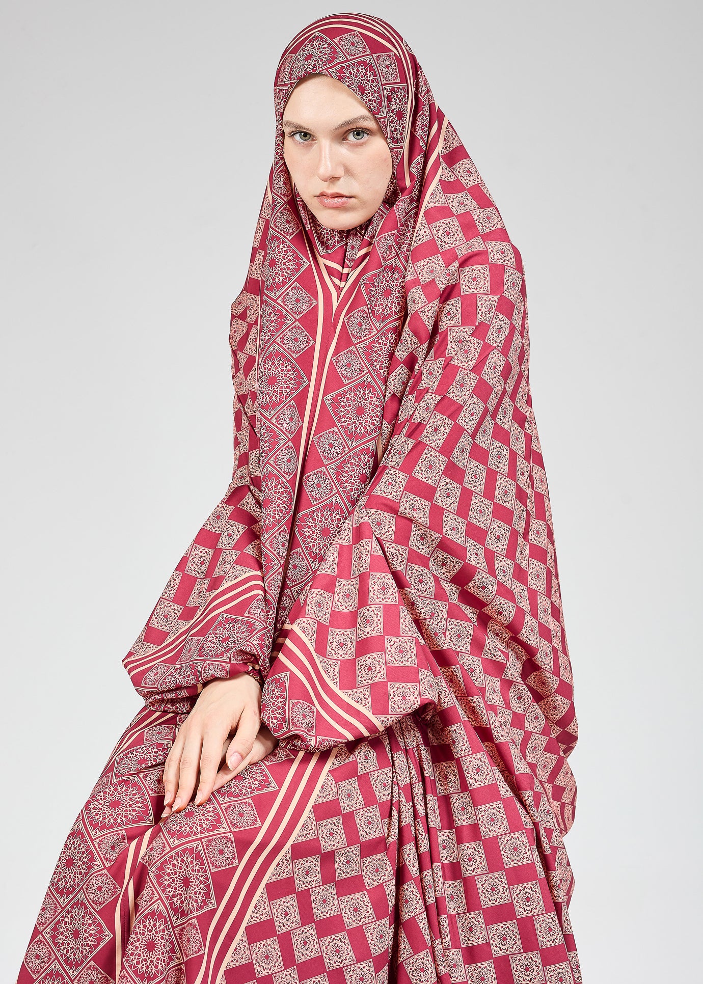 Basira Satin Prayer Gown with Geometric Floral Print - Modest Islamic Dress for Hijab Wearers - Perfect for Salah, Eid, and Special Occasions