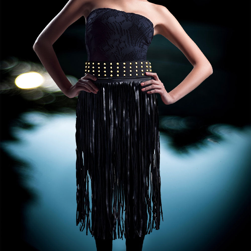 Stylish Faux Leather Fringe Belt with Silver Studs - Adjustable Waist Strap for Women | Perfect for Boho Outfits, Music Festivals & Western Fashion