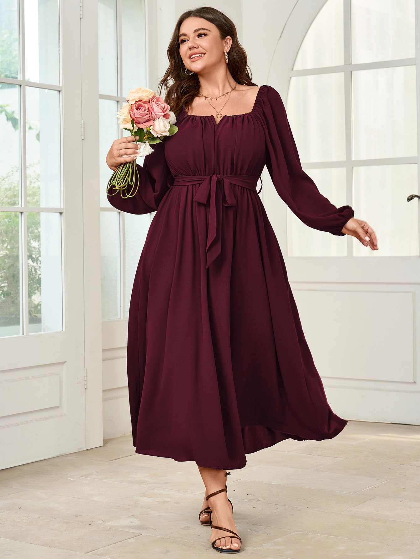 Elegant Plus Size Maxi Dress for Women - Long Sleeve Square Neck Wedding Guest Cocktail Dress with Belt, Flowy A-Line Design | Perfect for Weddings, Parties & Special Occasions