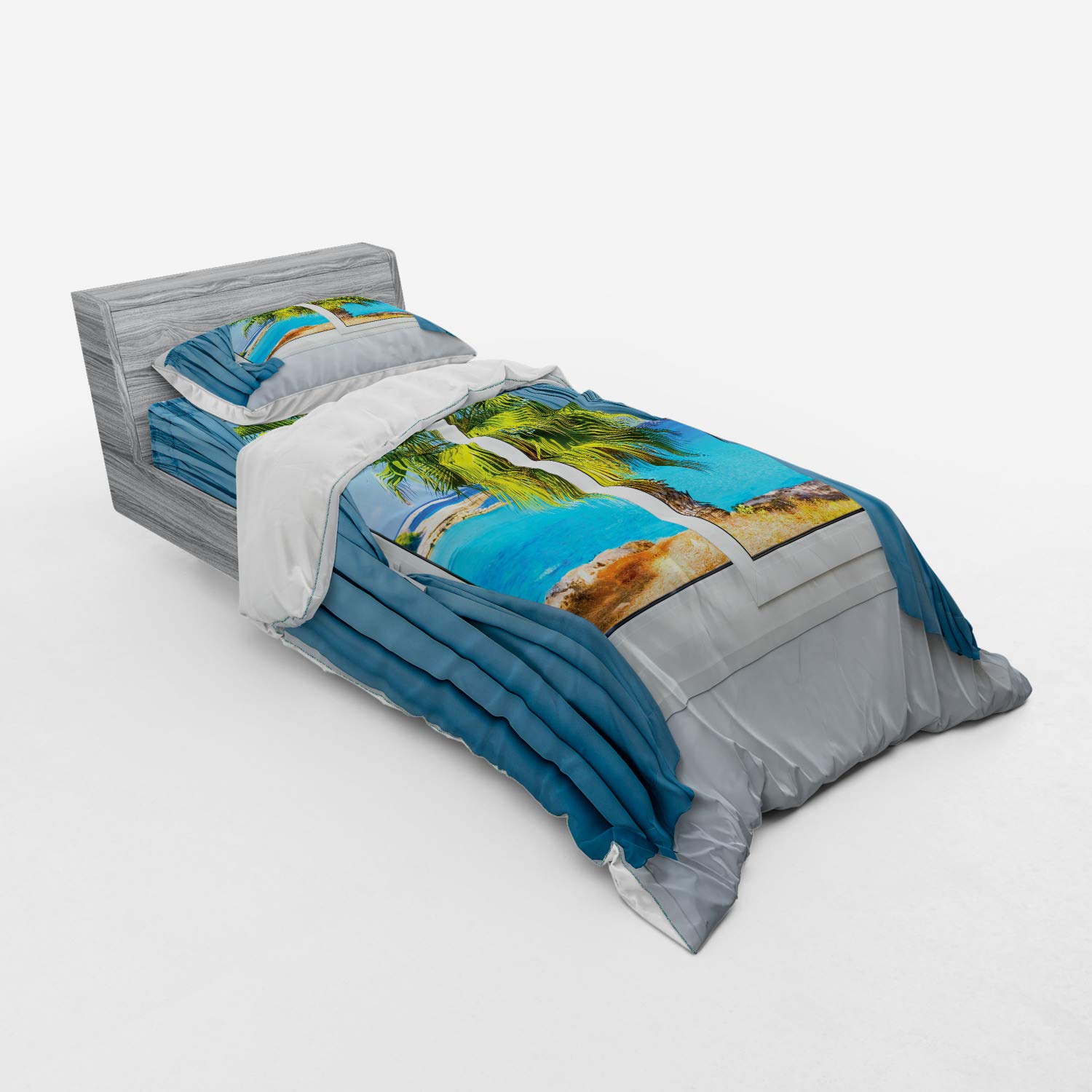 Ambesonne Tropical Beach Duvet Cover Set - 3 Piece Twin Size Bedding with Window View Ocean Palm Print in Blue Green | Perfect for Coastal Bedroom Decor & Vacation Home Styling