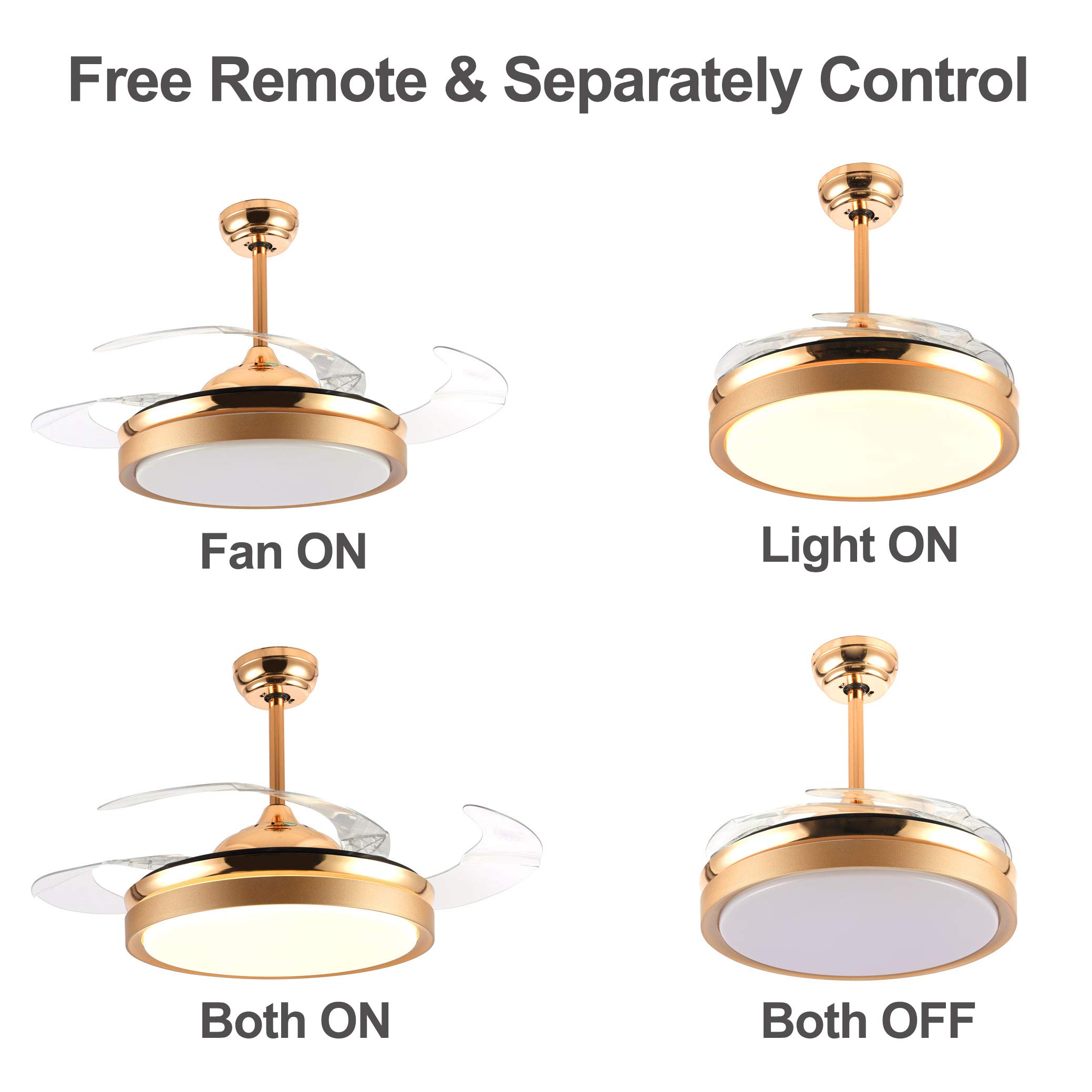 36 Inch Retractable Ceiling Fan with LED Light & Remote Control - Modern Dimmable 3-Color Blades for Bedroom, Living Room & Dining Room - Energy Efficient Gold Finish Home Cooling Solution for Year-Round Comfort