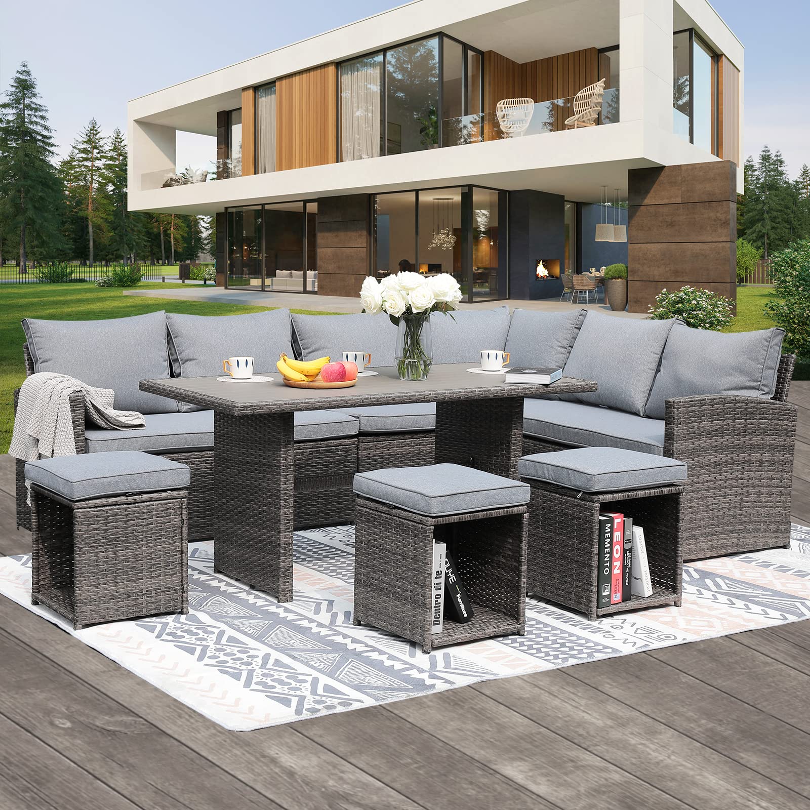 Verano 7-Piece Outdoor Patio Furniture Set - All-Weather Wicker Rattan Dining & Conversation Set with Cushions & Ottoman in Gray - Perfect for Garden, Backyard, Poolside & Outdoor Entertaining