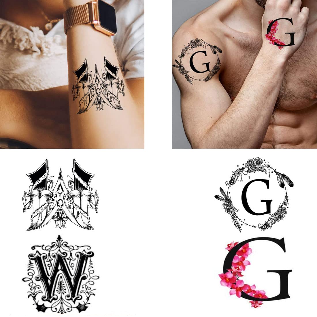 GW Name Letter Temporary Tattoos - Waterproof Body Art for Boys & Girls (Pack of 2) - Perfect for Parties, Events & Costume Accessories