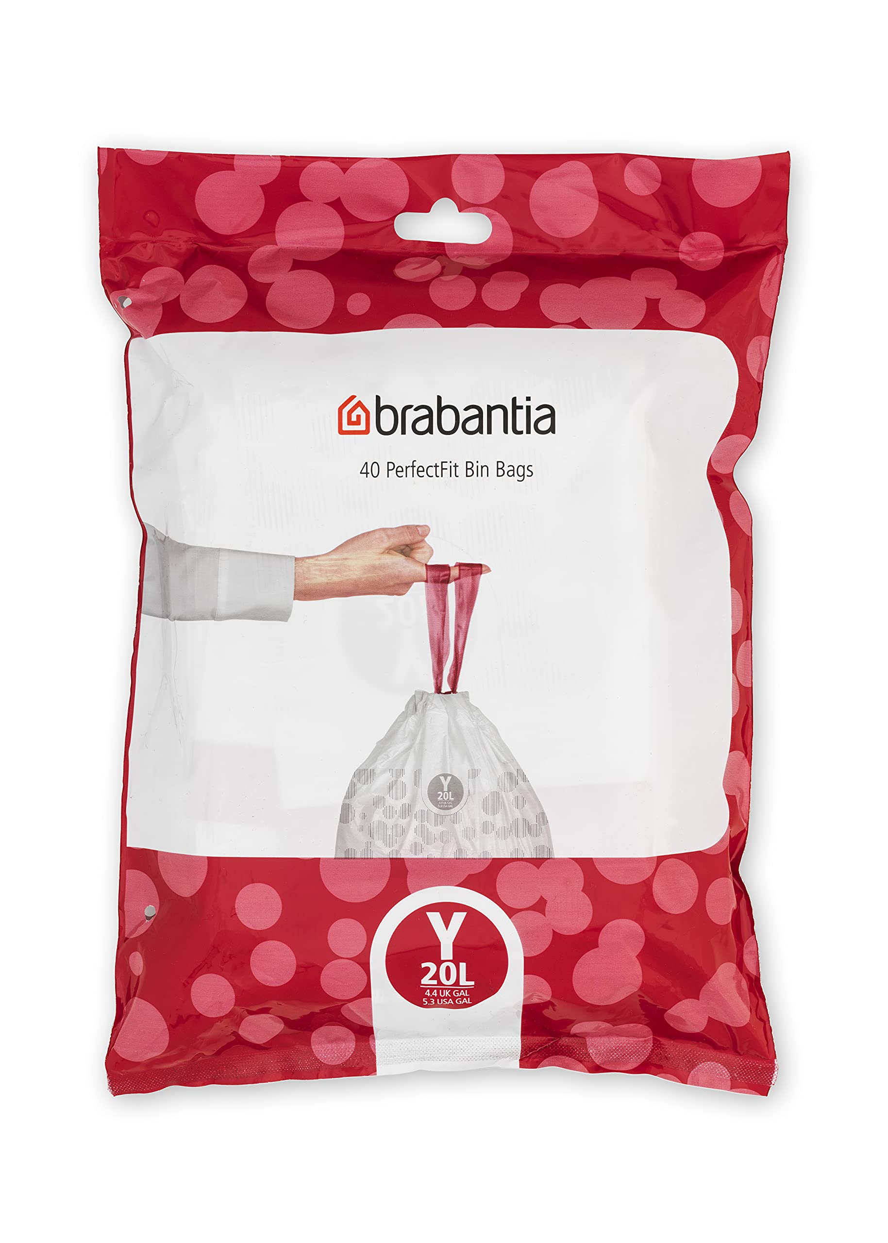 Brabantia PerfectFit Trash Bags - 40 Count, 5.3 Gallon (Size Y) Heavy Duty Drawstring Garbage Bags for Kitchen, Bathroom & Office Waste Bins - Leakproof & Tear-Resistant Trash Can Liners