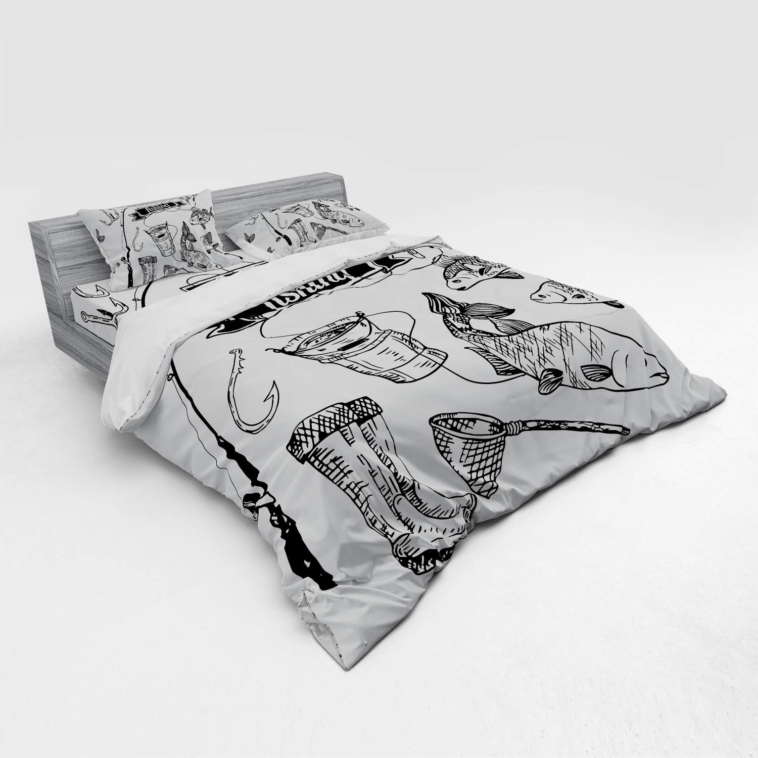 Ambesonne Fishing Themed 4-Piece King Size Bedding Set - Hand Drawn Salmon, Perch, Fishing Rod & Bucket Print Duvet Cover with Shams & Fitted Sheet, Black & White - Perfect for Angler's Bedroom & Fishing Lodge Decor
