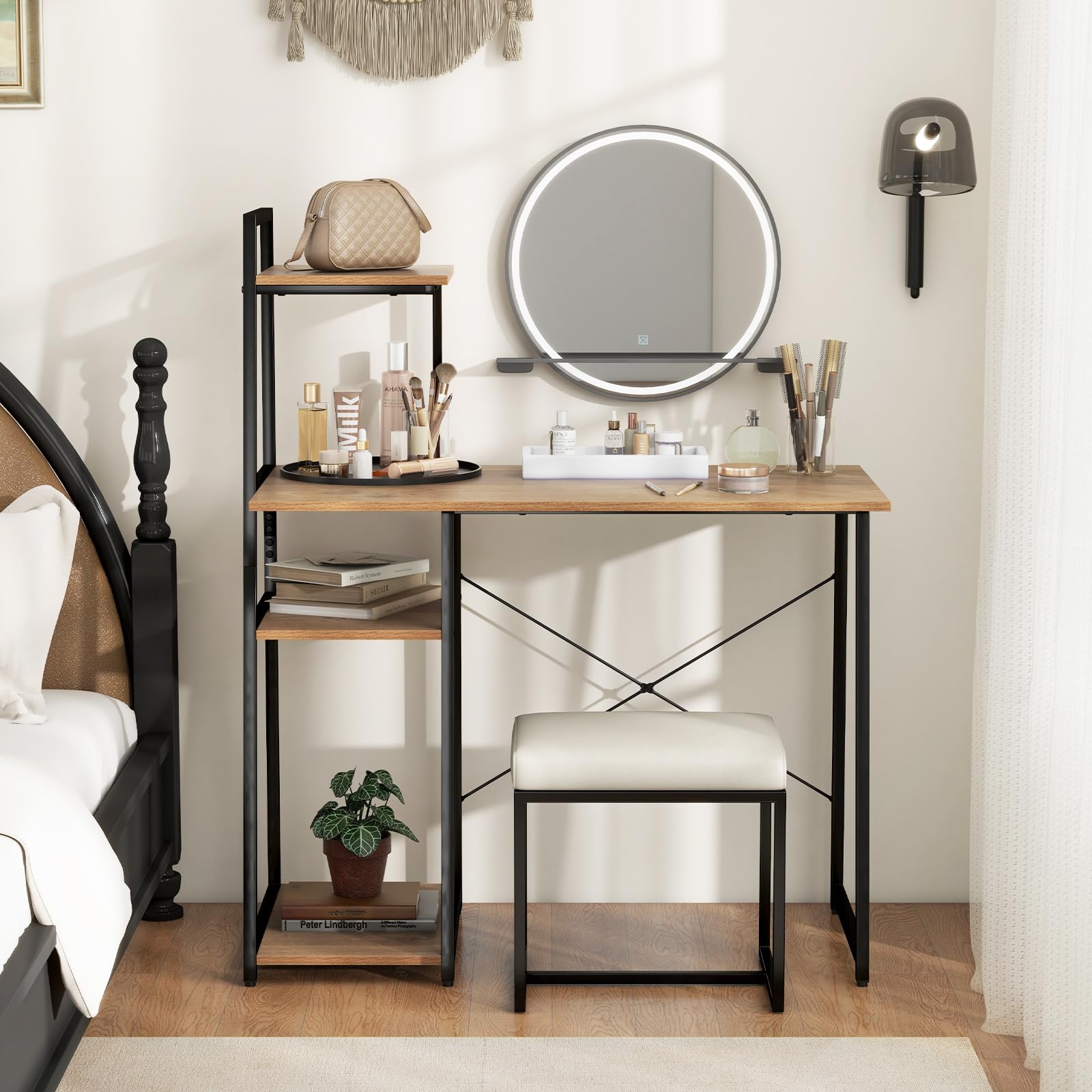 Tangkula Space Saving Computer Desk with 3-Tier Ladder Shelf - Modern Home Office Desk with Metal Frame, Compact Writing Study Table & Storage Bookshelf for Small Spaces (Natural) - Perfect for Home Office, Dorm Room, and Small Apartment Workspaces